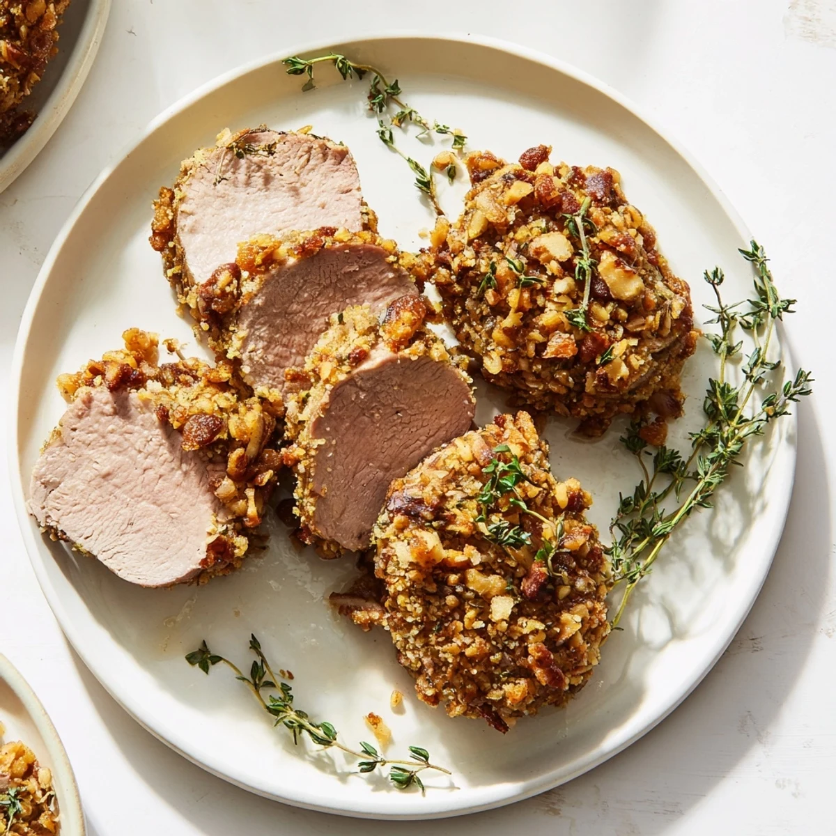 Crispy pecan crust coats the juicy Thyme and Pecan Crusted Pork Tenderloin served with savory drippings.