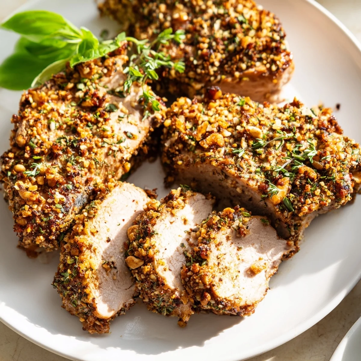 Golden-brown Thyme and Pecan Crusted Pork Tenderloin, ready to slice after perfect roasting.