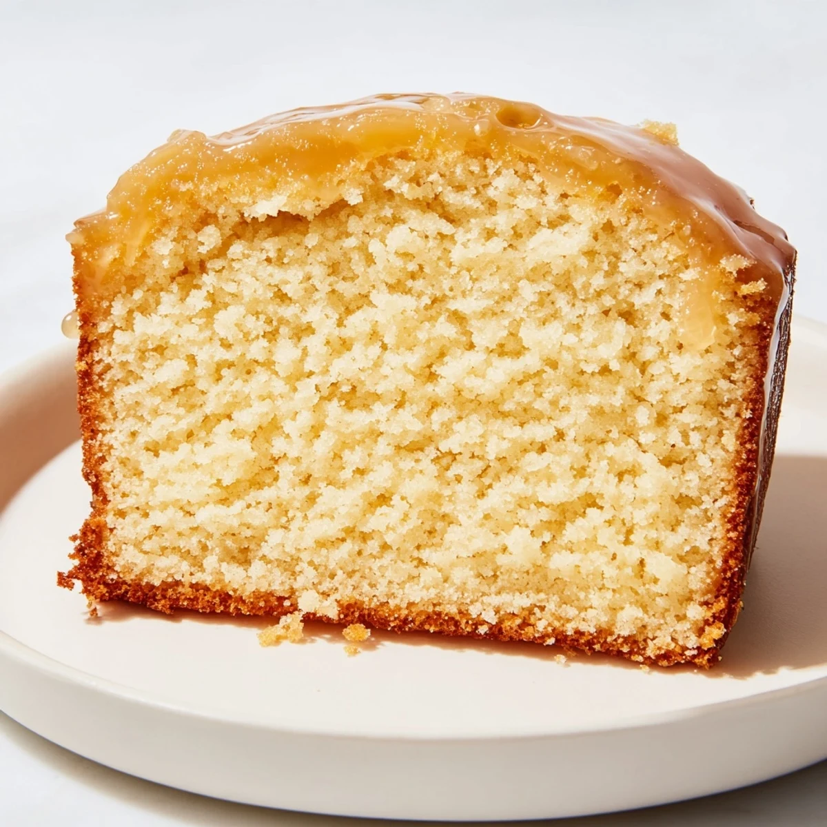 Golden honey pound cake, a warm, buttery slice with a glistening honey glaze, ready to serve.