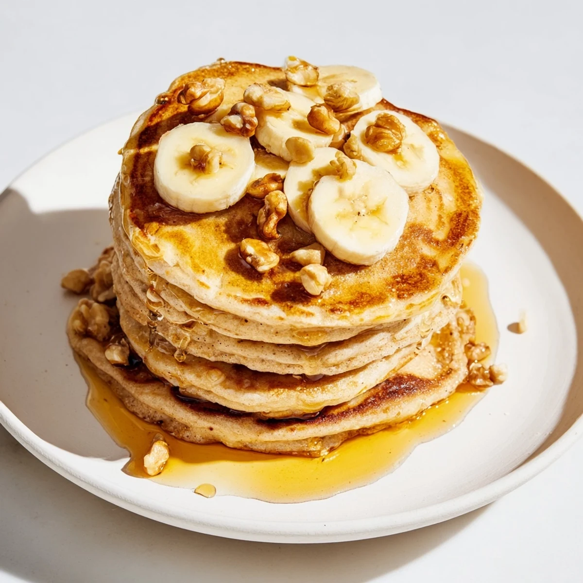 Golden-brunch banana pancakes, stacked high, drizzled with warm maple syrup, perfect for a cozy weekend.