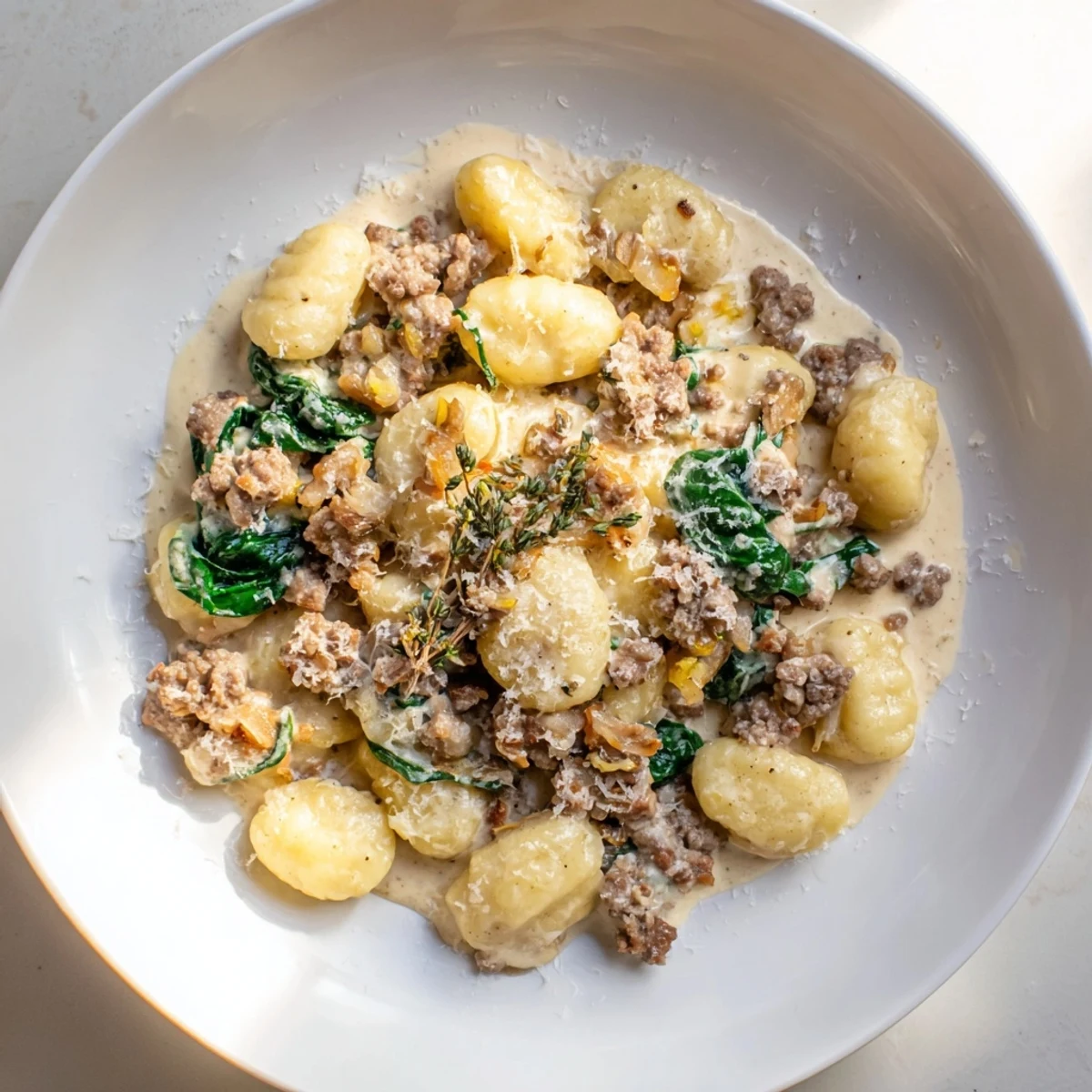 Woodsy skillet sausage and mushroom gnocchi, a creamy and savory comfort food skillet meal.