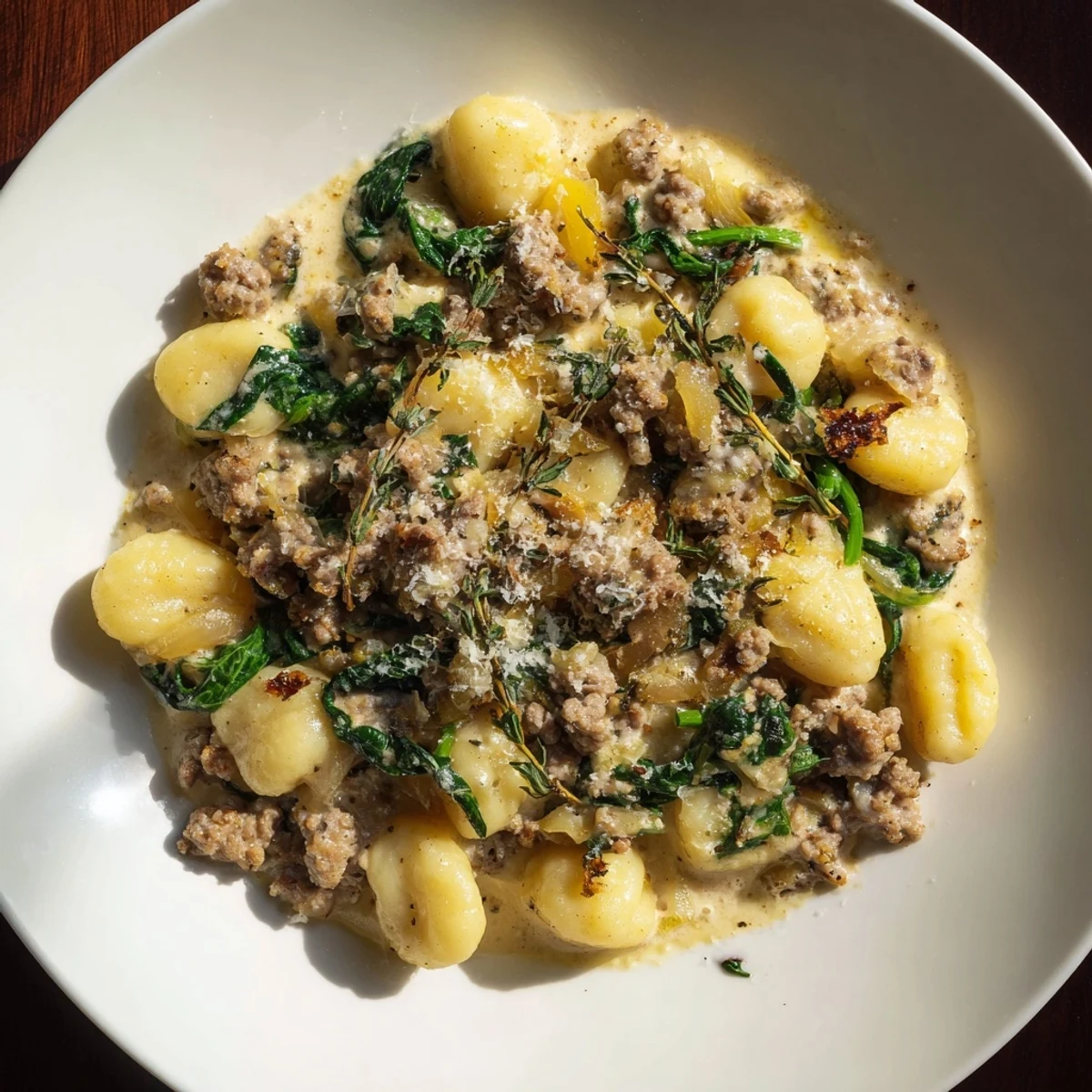 Warm bowl of woodsy skillet sausage and mushroom gnocchi, a delicious dinner ready to be enjoyed.
