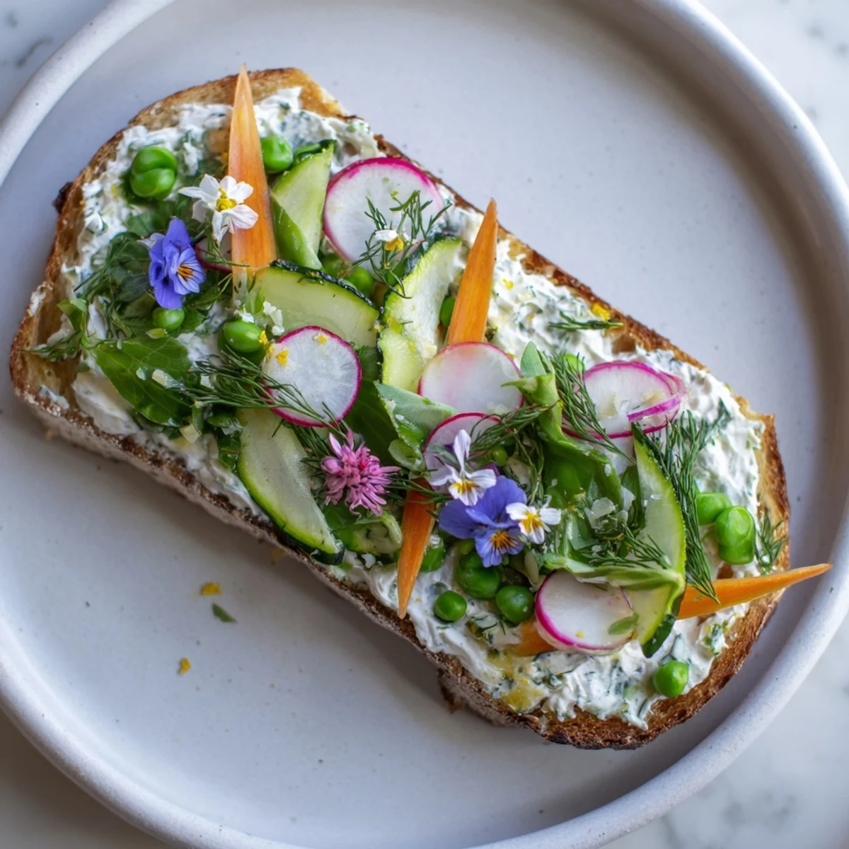 Fresh Meadow-Inspired Garden Vegetable Tartines with colorful, grilled vegetables on crispy bread, perfect for lunch.
