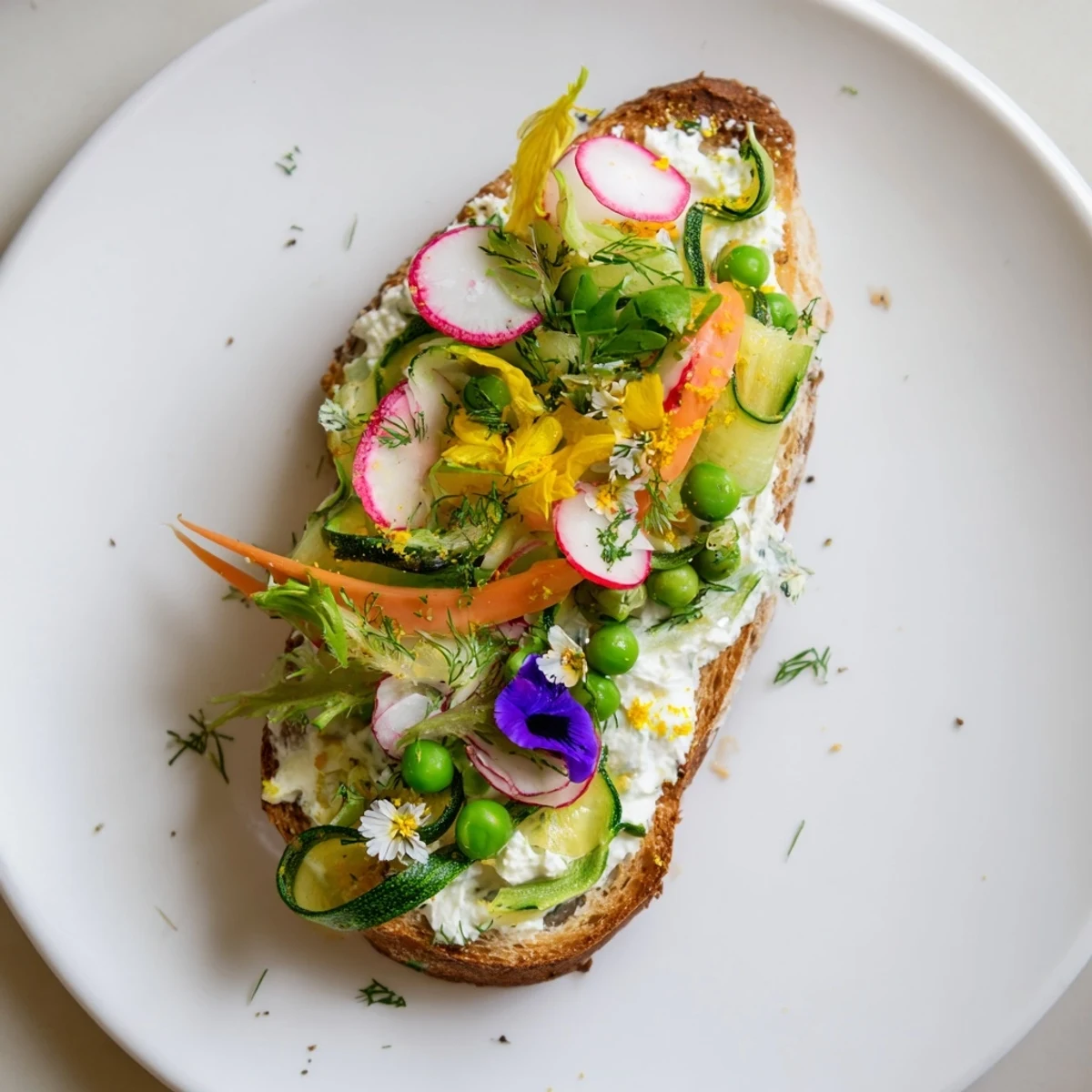 A close-up of Fresh Meadow-Inspired Garden Vegetable Tartines showcasing a vibrant array of summer produce atop toasted bread.