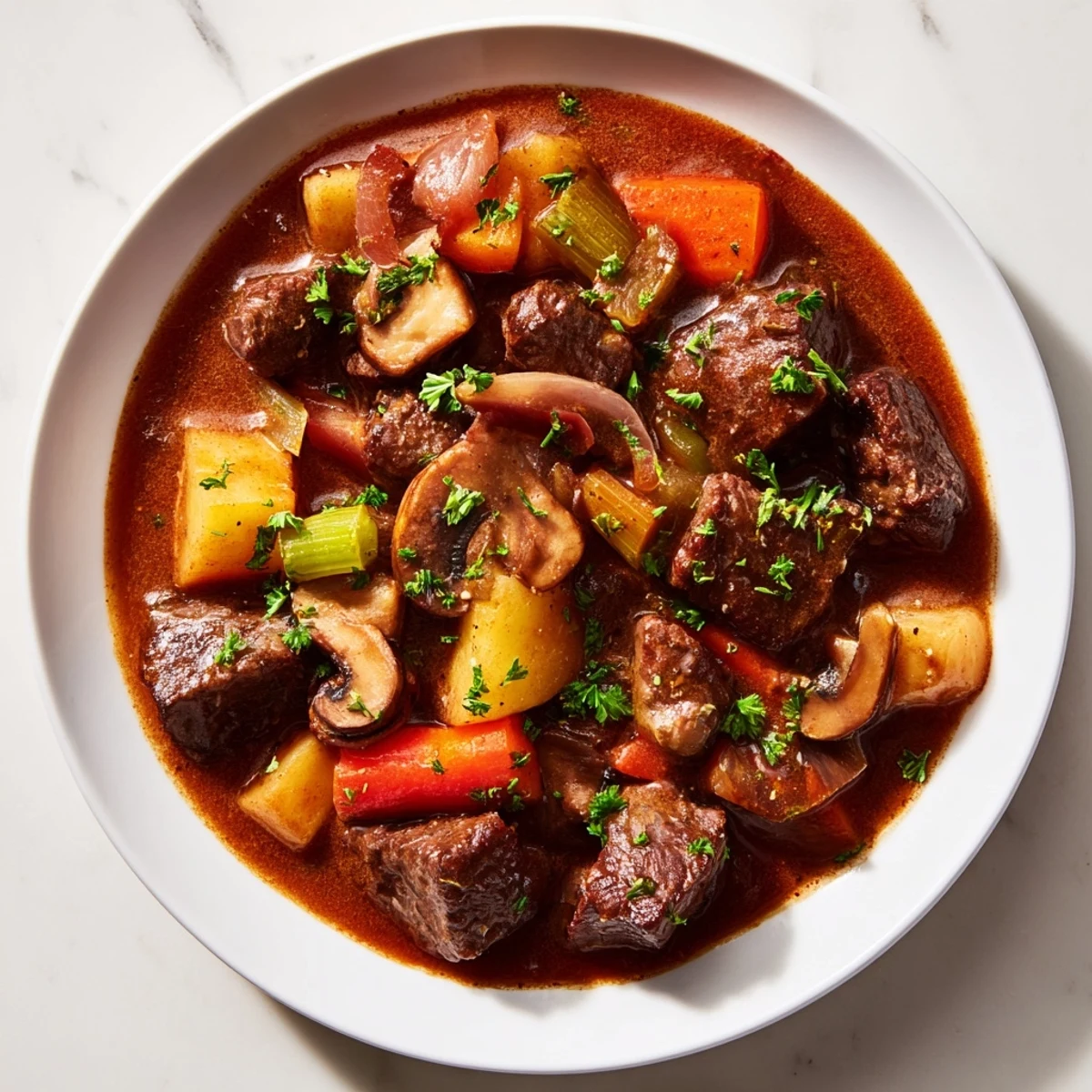 Steaming hot Earthy Beef Stew with crusty homemade bread, a perfect, cozy dinner on a cold day.