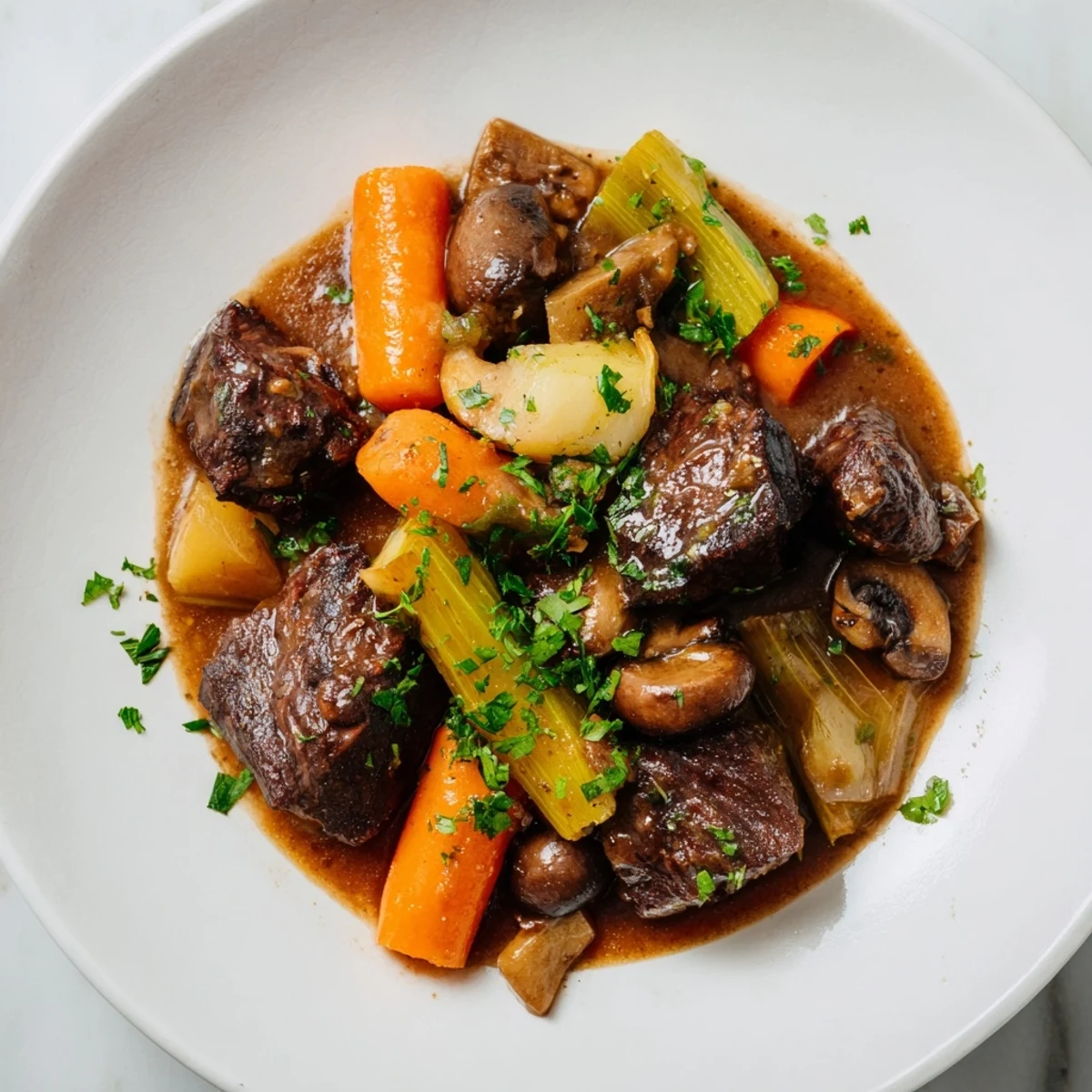 Close-up of Earthy Beef Stew, rich and savory, served with a crispy slice of homemade bread.