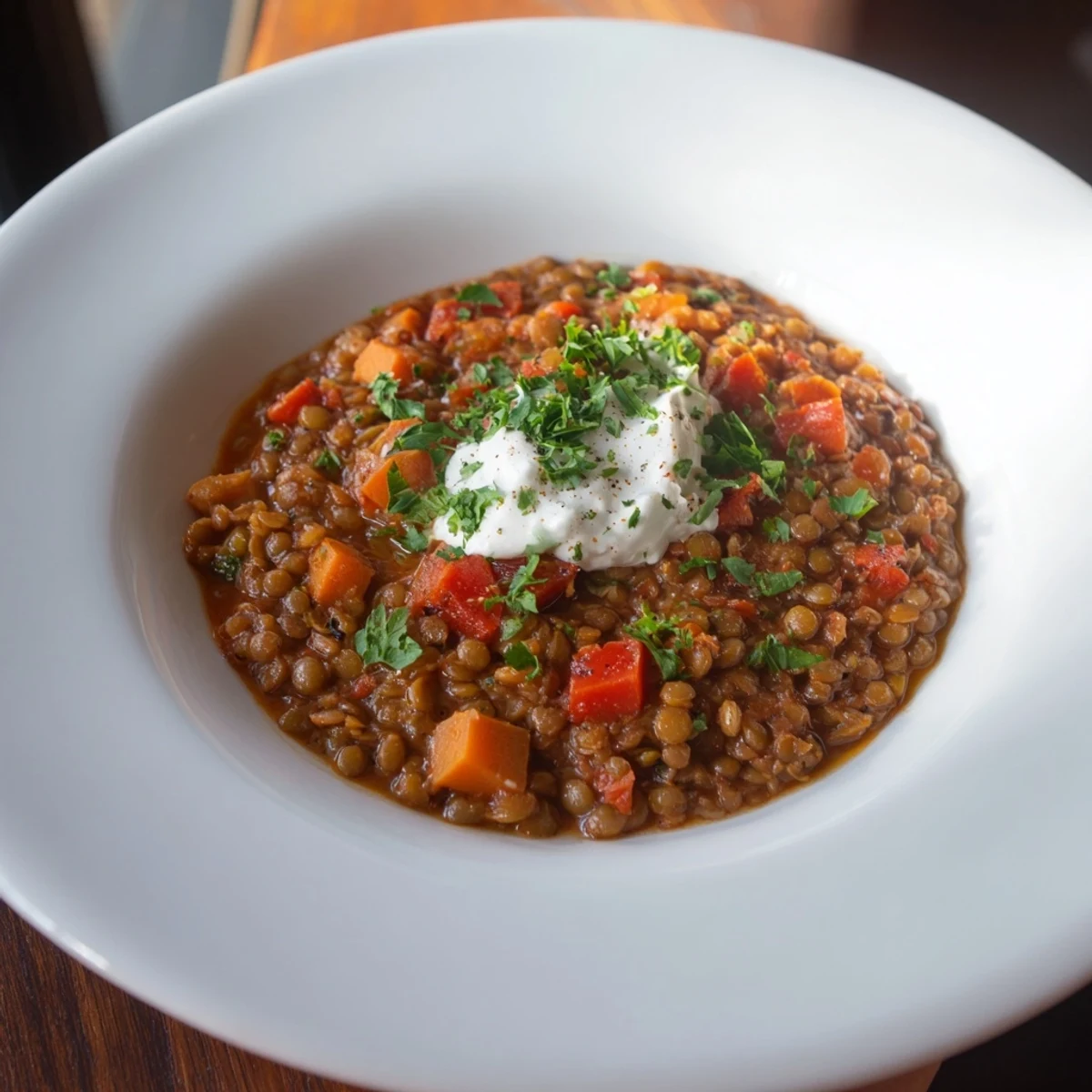 Golden-hued Wheat-Warm Hearty Lentil Curry, a one-pot meal garnished with fresh cilantro, ready to serve.