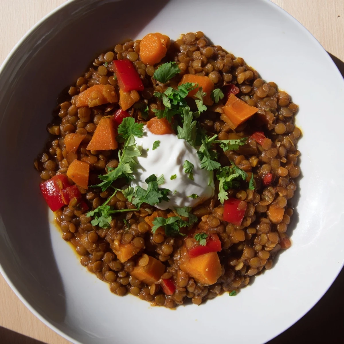 Close-up of hearty Wheat-Warm Hearty Lentil Curry, with visible lentils and wheat swimming in spiced broth, a comforting dinner.