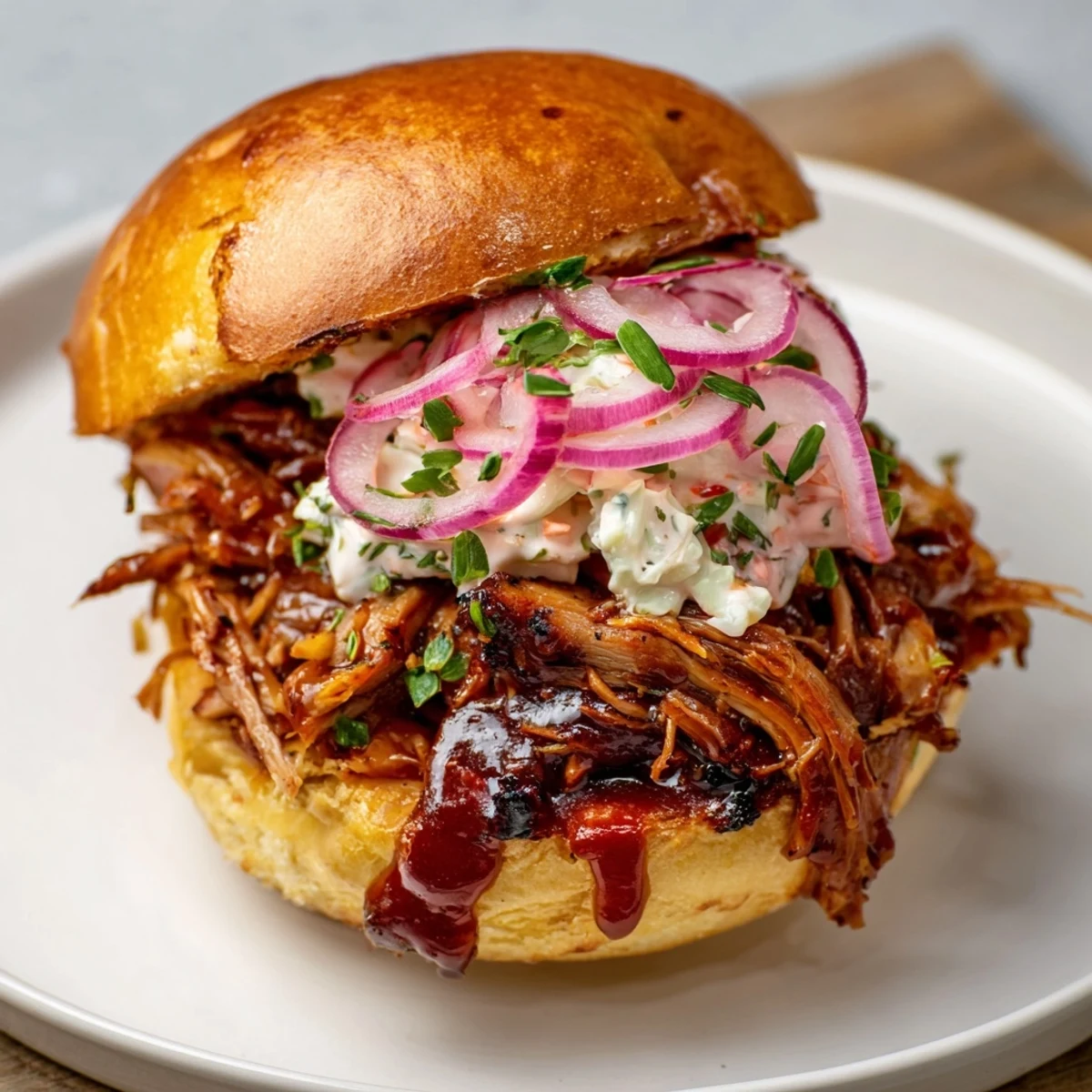 Juicy fire-kissed BBQ pulled pork sandwiches, piled high on toasted buns, dripping with smoky sauce.