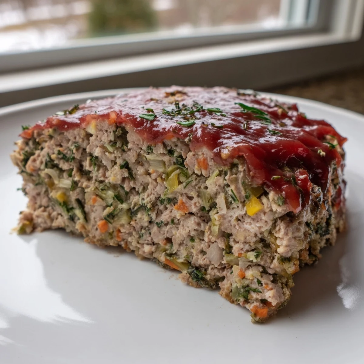 Herb-sprigged turkey meatloaf, glistening with glaze, ready to slice and serve for dinner.