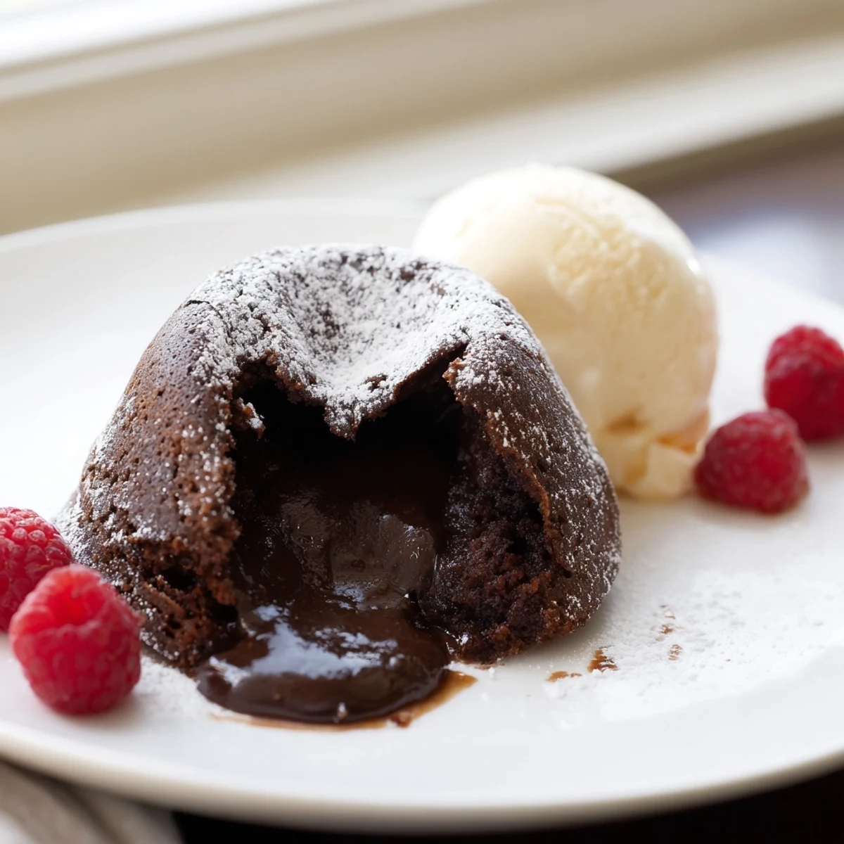Warm, gooey dark chocolate lava cakes, dusted with powdered sugar and ready to eat.