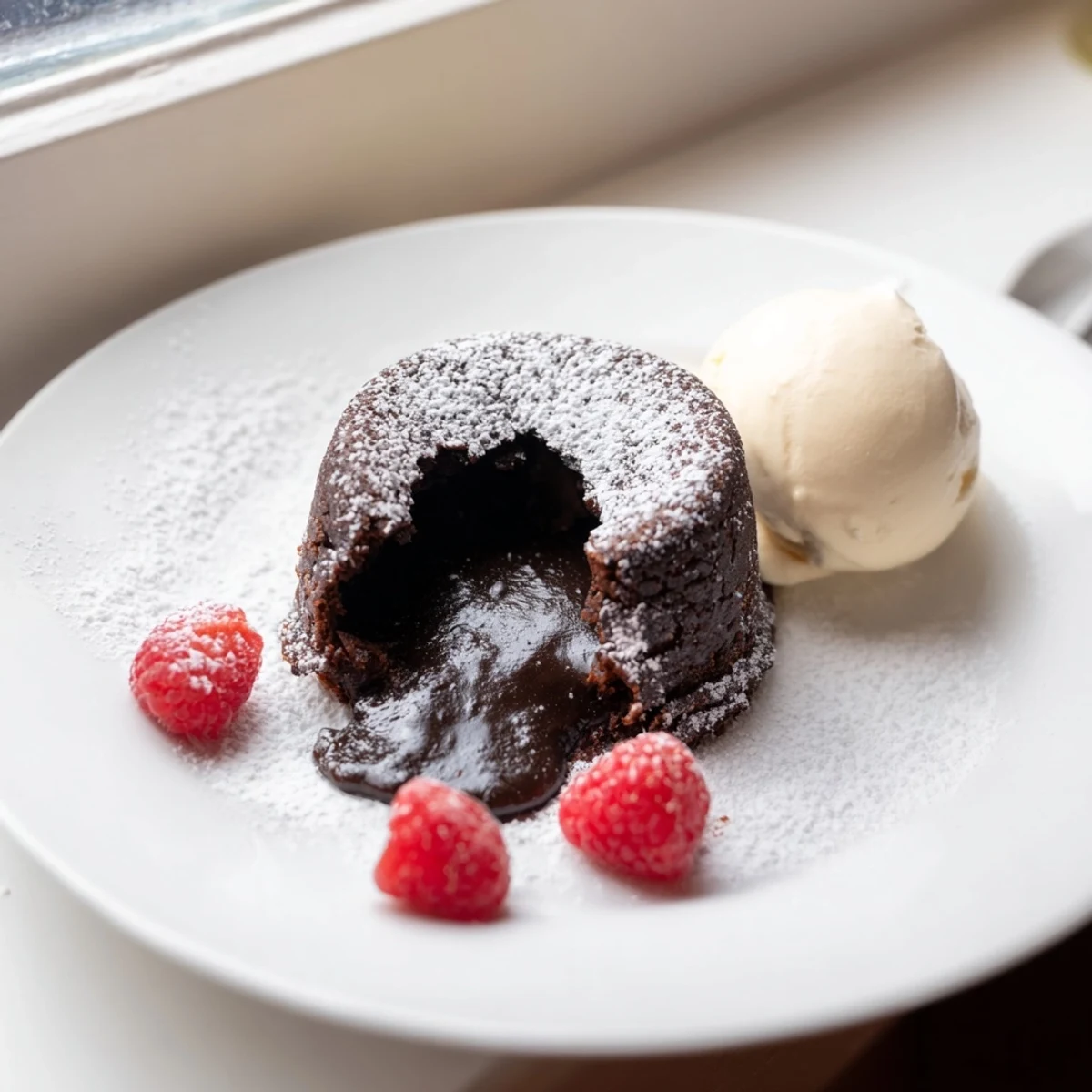 Molten chocolate flows from rich dark chocolate lava cakes, perfect with ice cream.