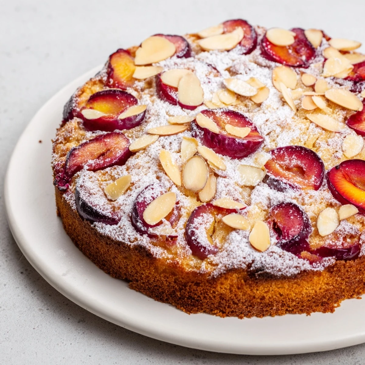 Soft sweet plum-infused almond cake, golden brown with sugared plums, perfect for a cozy afternoon treat.
