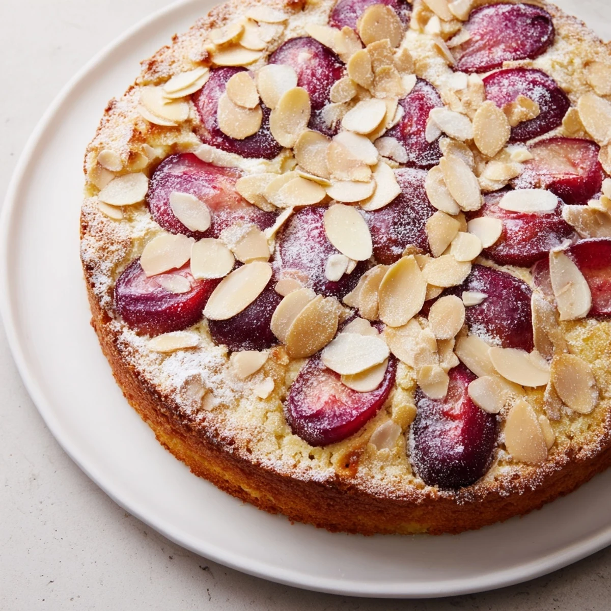 A slice of soft sweet plum-infused almond cake, showing the moist interior texture and baked almond topping.