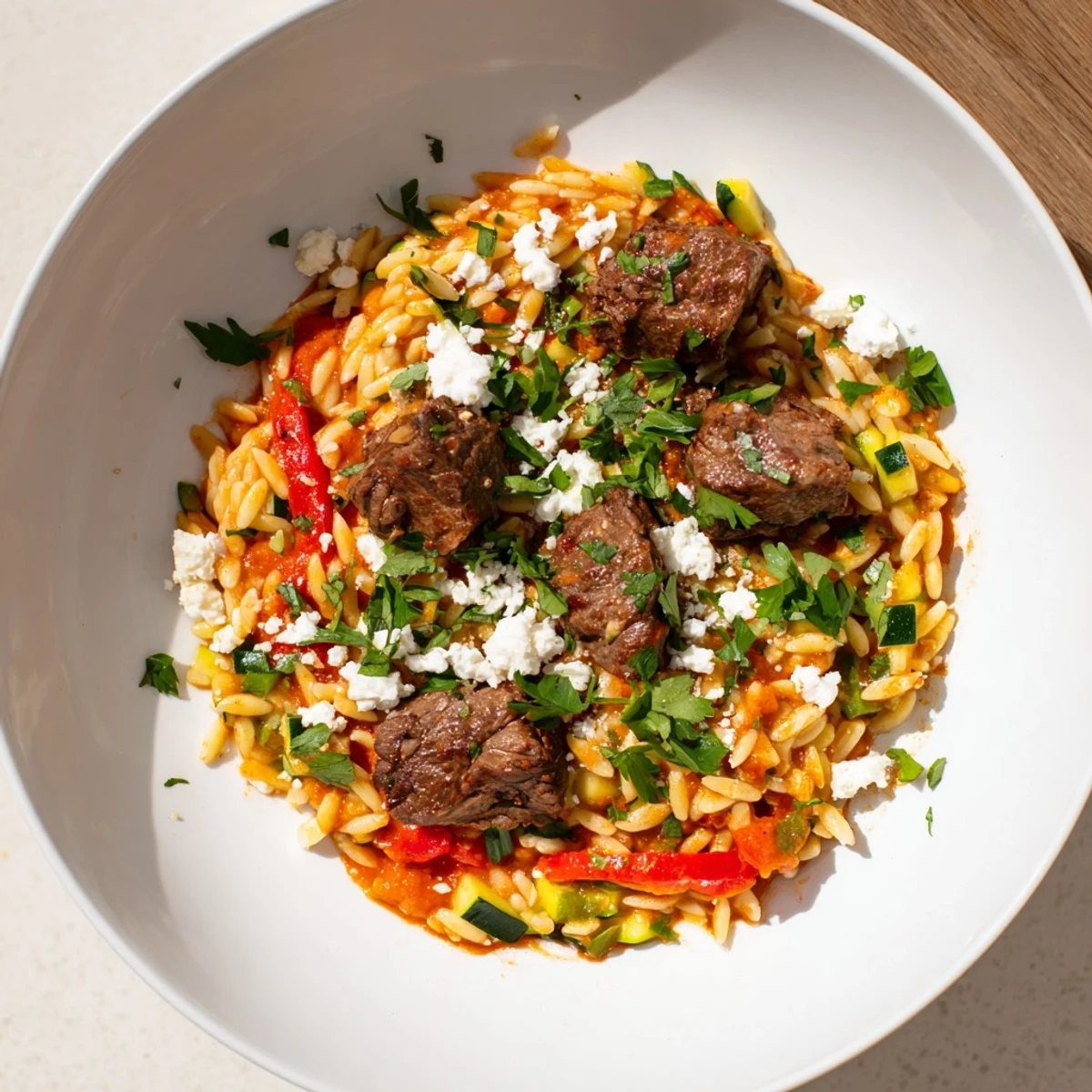 A steaming bowl of Smoky Mediterranean Lamb and Orzo Supper is ready to enjoy.