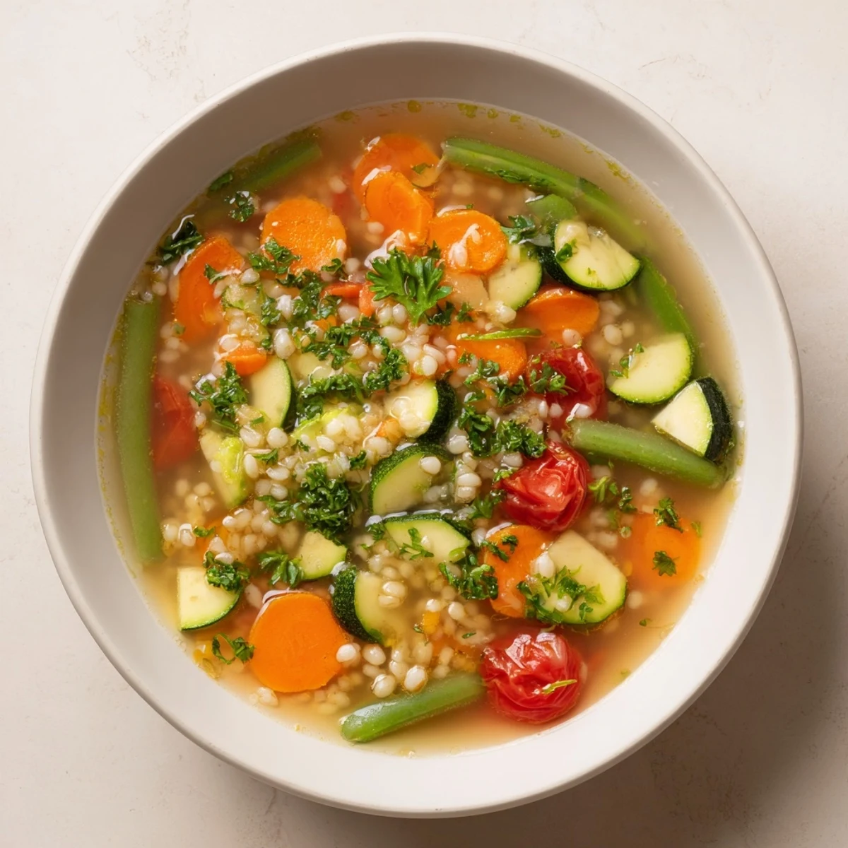 A steaming bowl of Simple Homemade Grain and Vegetable Soup, vibrant with fresh ingredients, ready to eat.