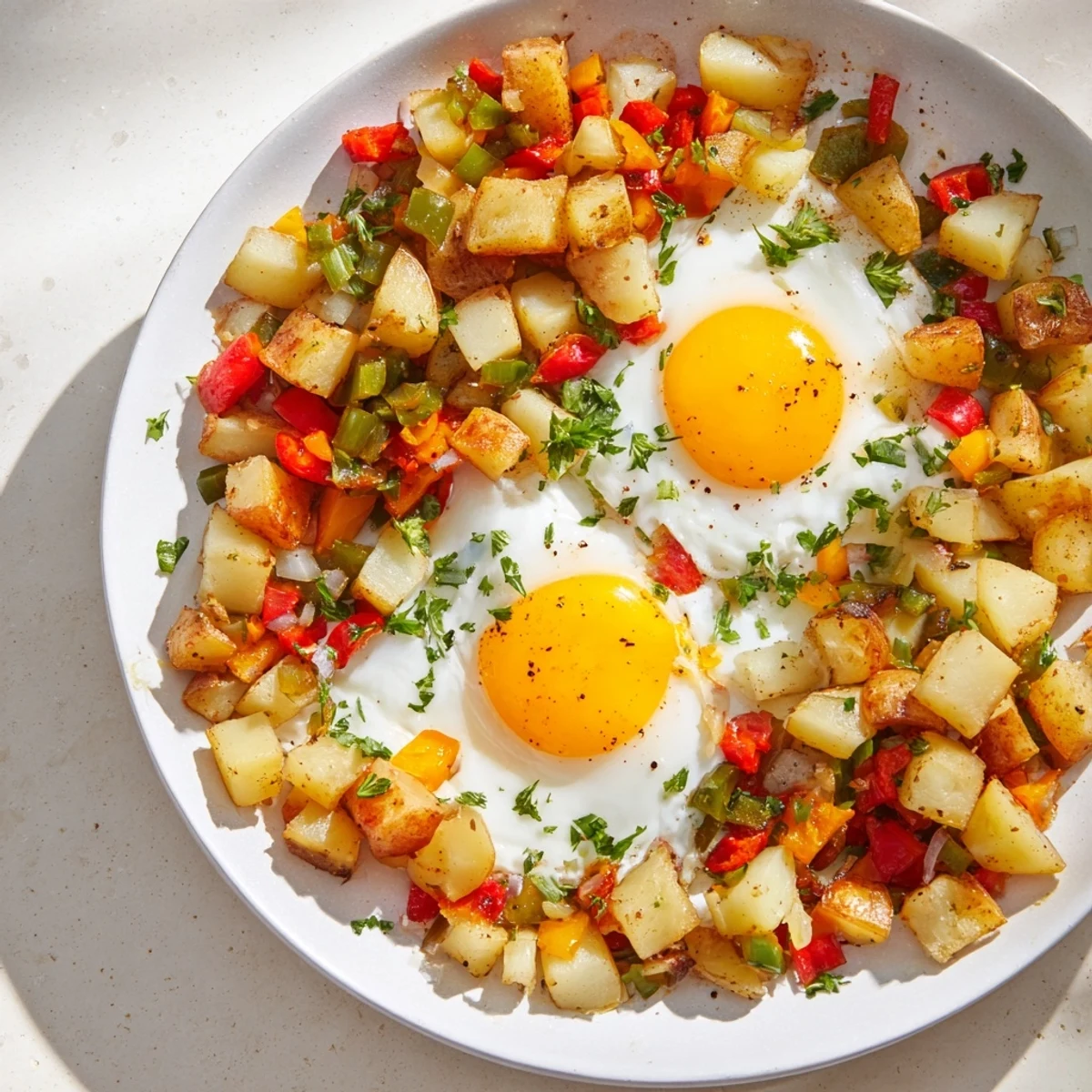 Golden, crispy Simple Skillet Egg and Potato Hash, a delightful one-pan breakfast or dinner idea.