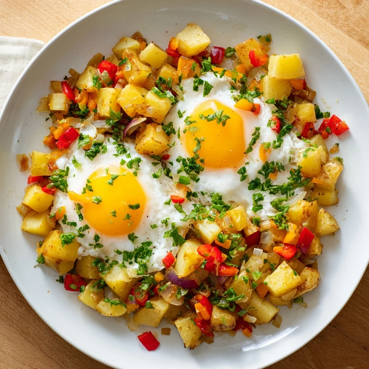 Sizzling in the pan: a tasty Simple Skillet Egg and Potato Hash, ready with a sprinkle of parsley.