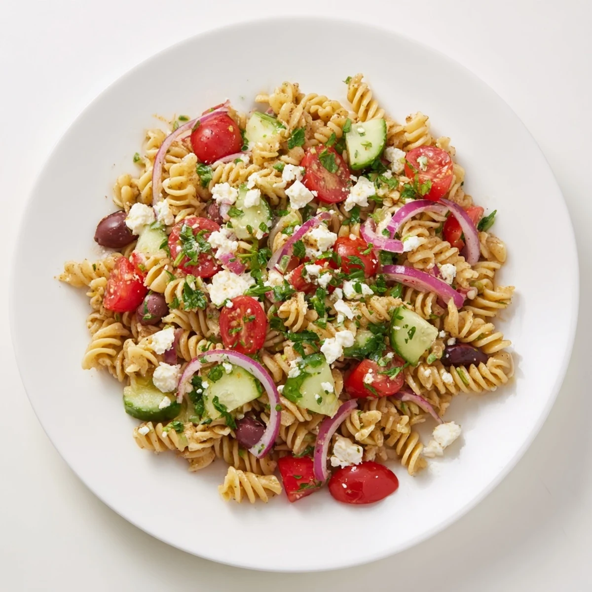 Close-up of Mediterranean Olive Oil and Feta Pasta Salad, showcasing fresh olives and creamy feta.