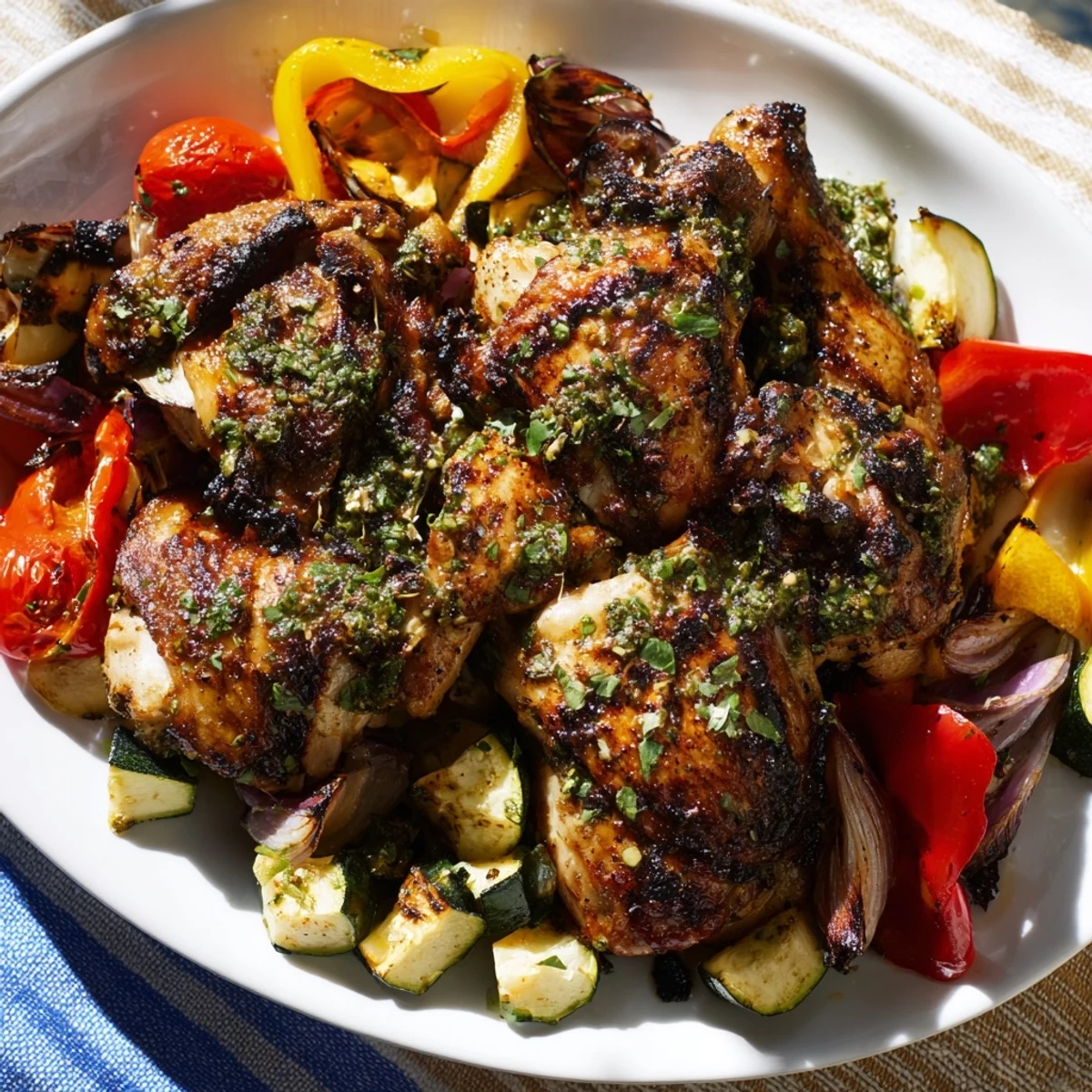 A delicious sheet pan of Basil-Soft Chicken and Veggie Dinner, featuring golden-brown chicken and colorful vegetables.