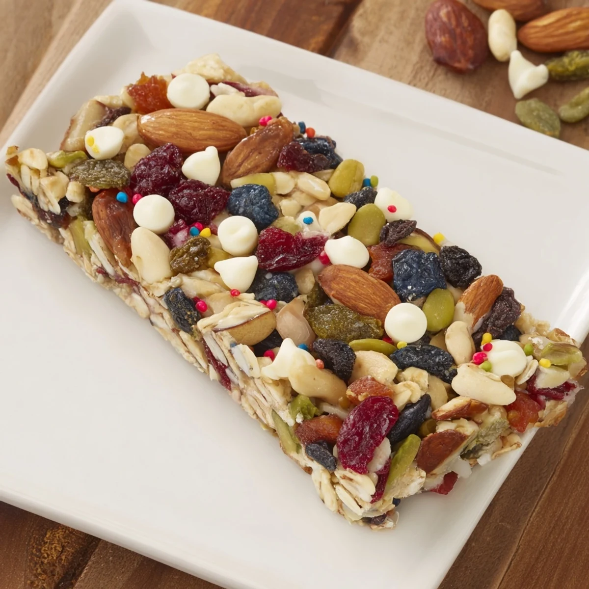 Winter Wonderland Trail Mix Bars, a festive snack studded with white chocolate, are ready to enjoy.