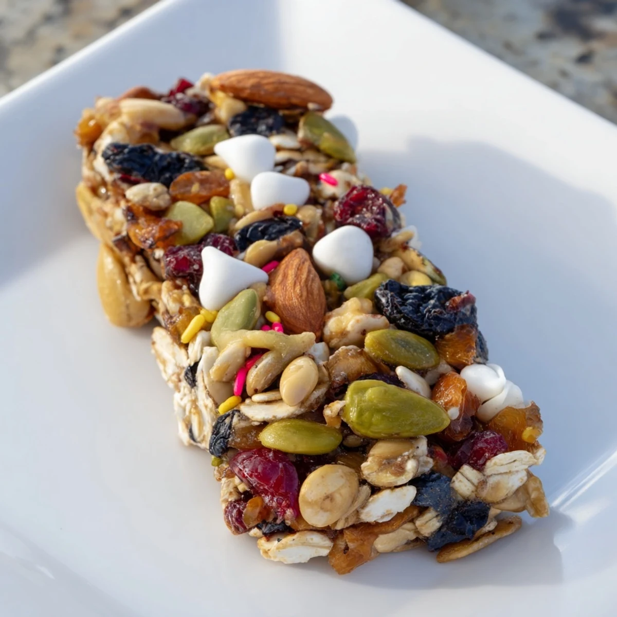 Golden-brown Winter Wonderland Trail Mix Bars, packed with dried fruit and nuts, look deliciously crunchy and sweet.