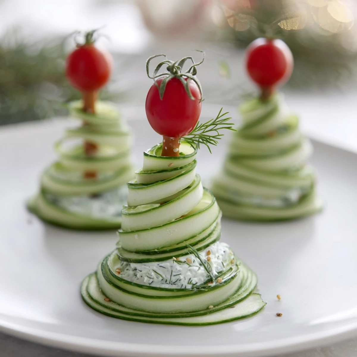 Spiral Cucumber Ribbon Christmas Trees arranged on a platter, ready for a festive holiday appetizer.