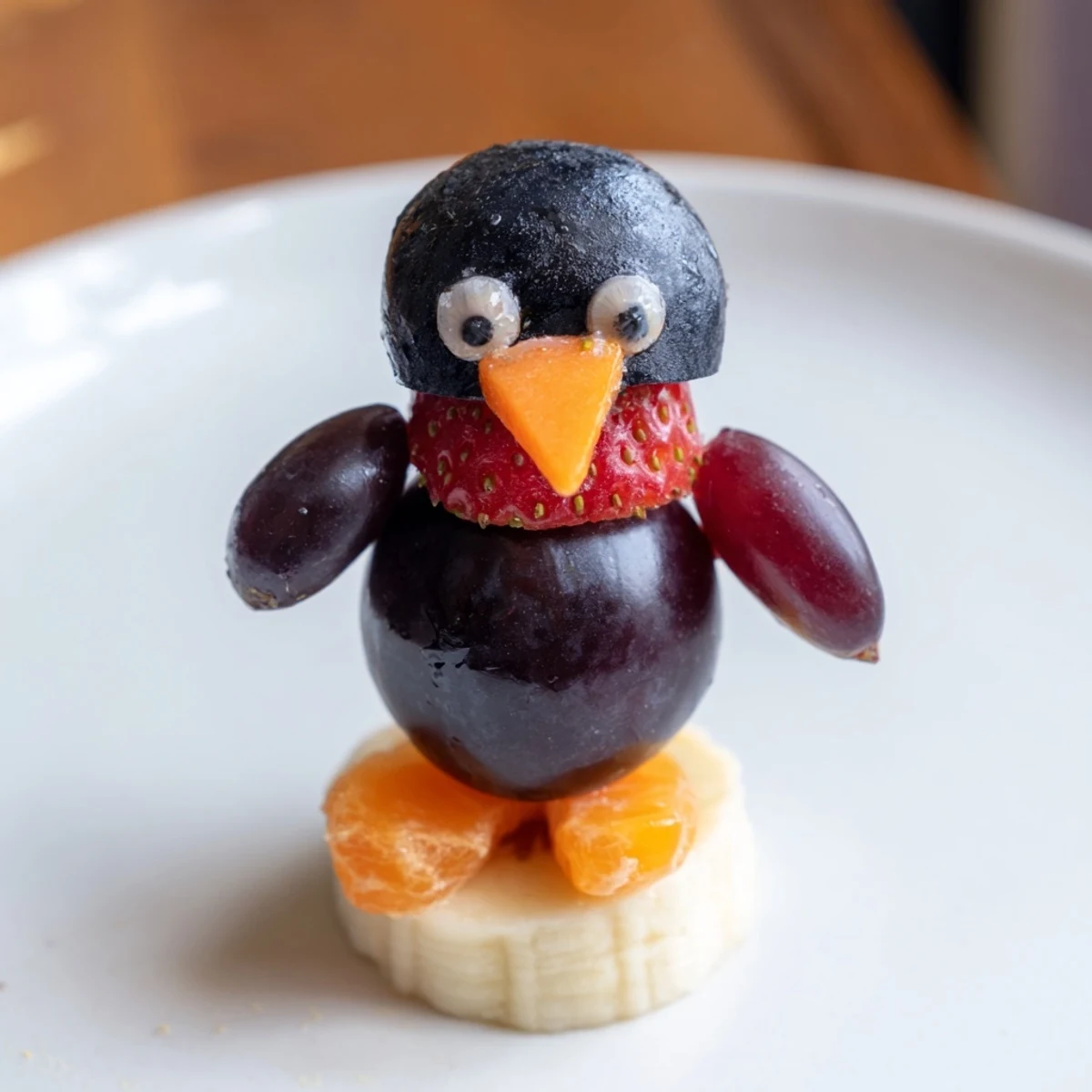 Playful Penguin Fruit Skewer Army featuring juicy grapes, strawberries, and mandarin oranges for a fun snack.