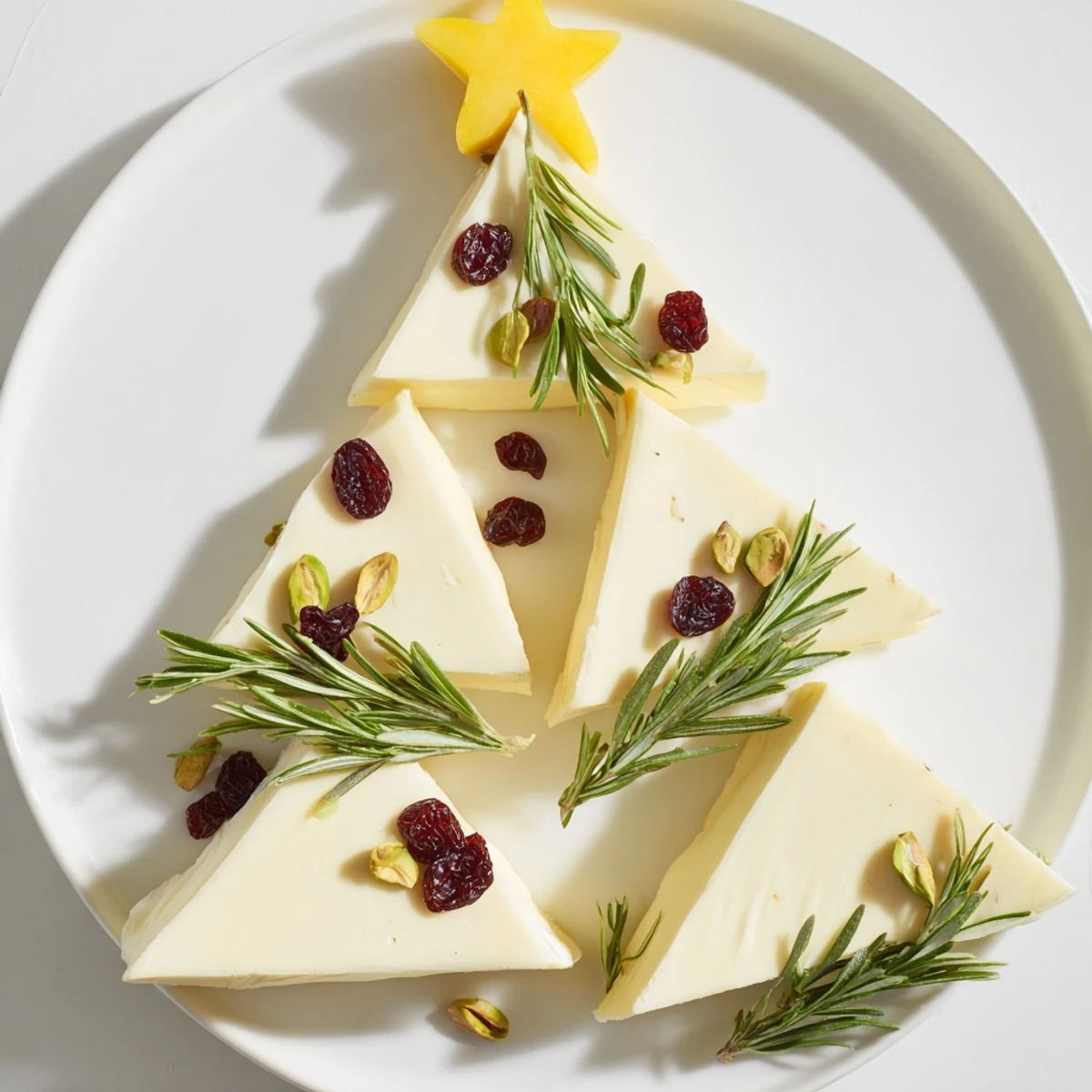 Creamy Brie Triangle Cheese Tree topped with cranberries and pistachios, ready to serve with crackers.