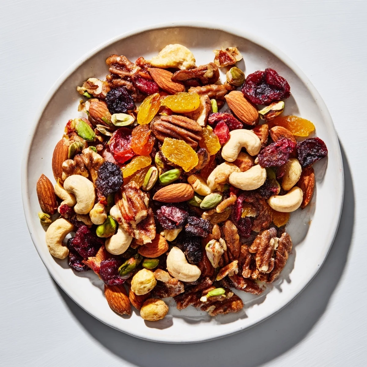 Close-up of the easy party assorted nuts and dried fruit, showing a vibrant, mixed, healthy snack option.