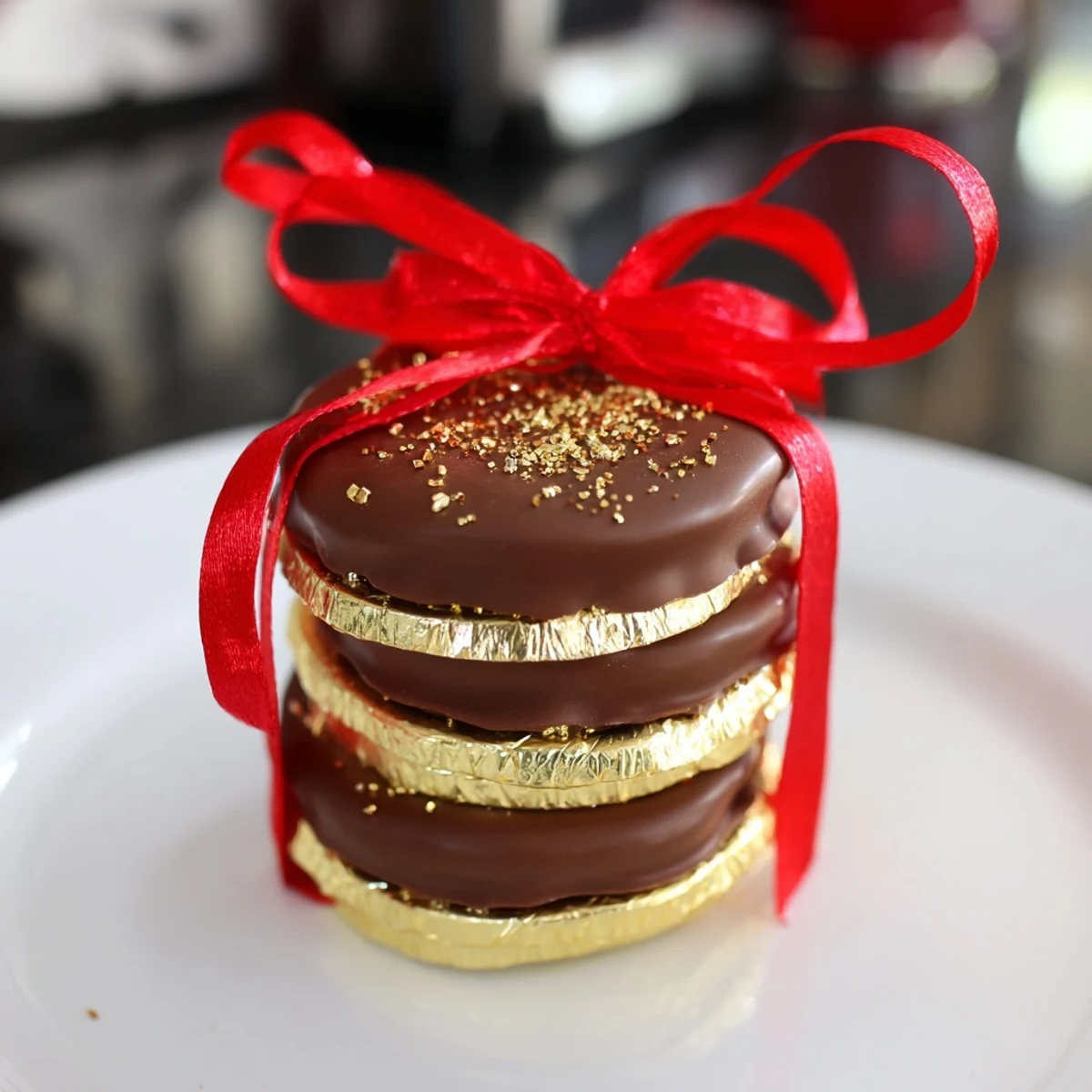 Stacked chocolate gold coins, shimmering with edible glitter, offer a sweet holiday centerpiece.