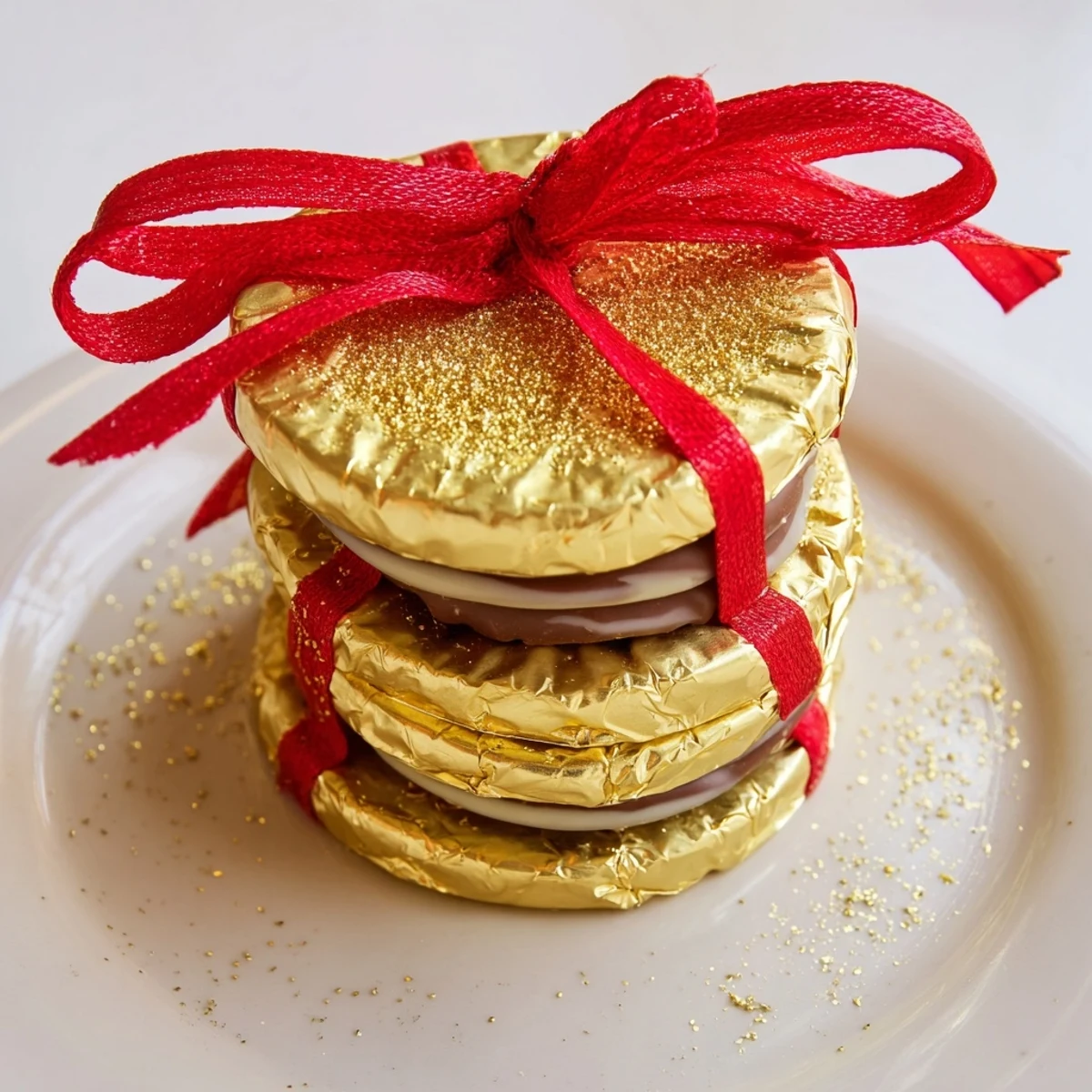 Delicious and decorative chocolate gold coin stacks, perfect presentation for special occasion treats.