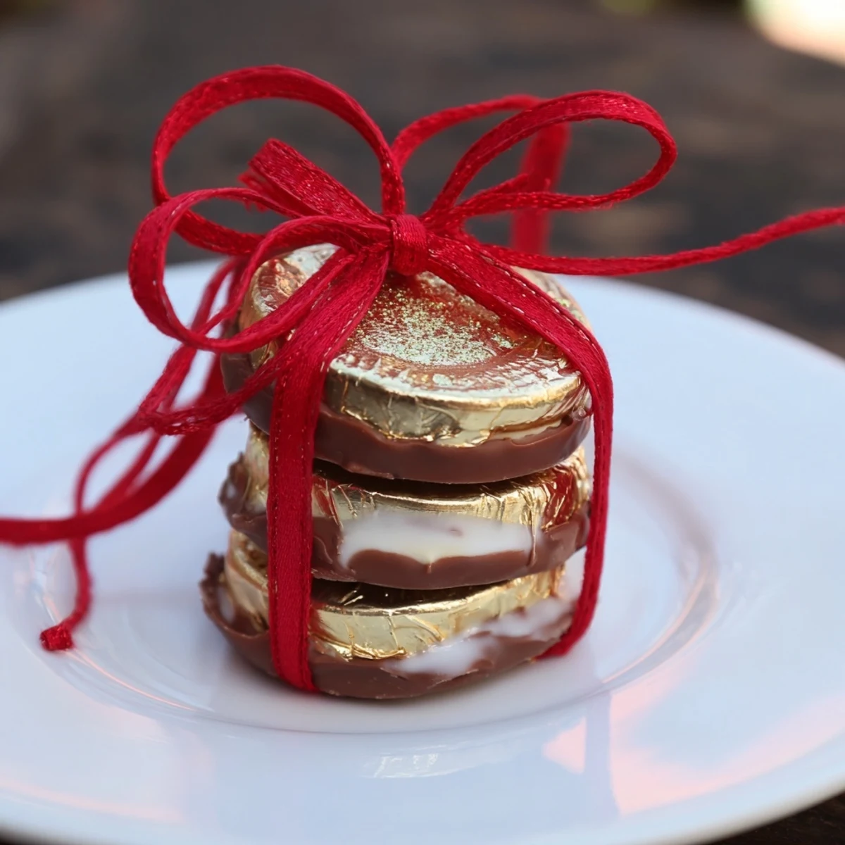 Festive arrangement of chocolate gold coins tied with ribbons, ready to brighten any party.