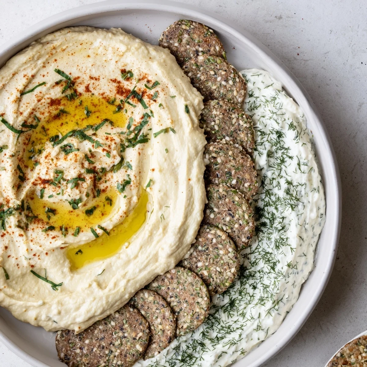 Two bowls of Easy Dips separated by crackers, perfect for scooping and sharing at a party.