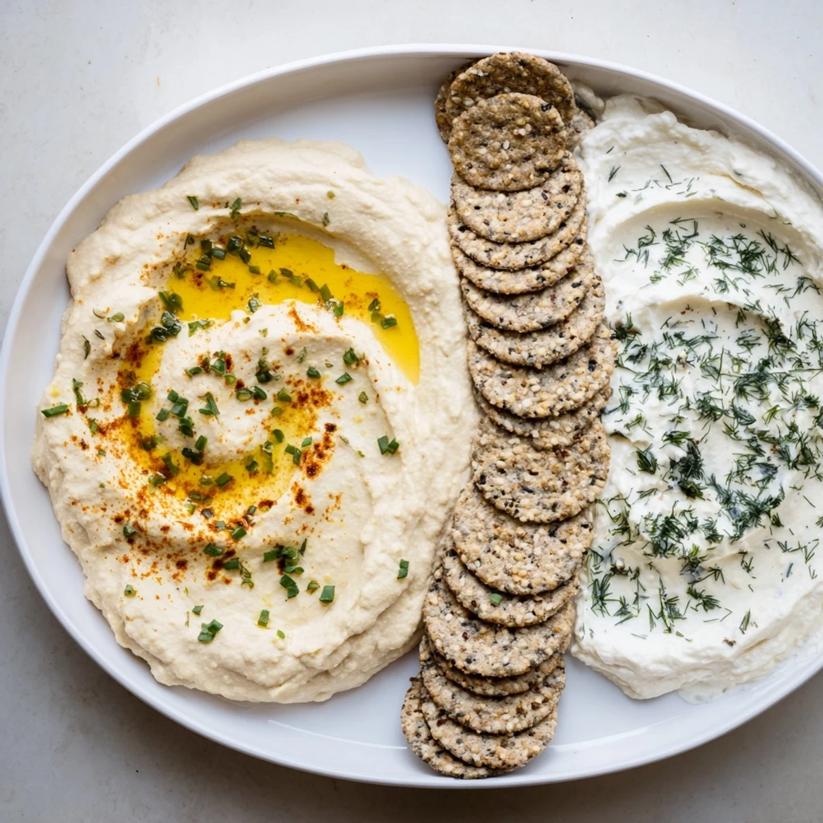 This inviting photo displays refreshing Easy Dips, a quick appetizer featuring flavorful dips and crackers.