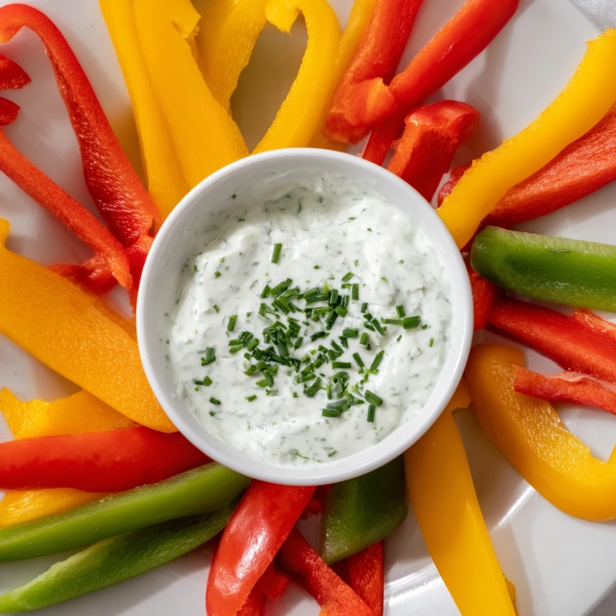 A platter of fresh bell pepper strips with cool Greek yogurt dip, a healthy, easy appetizer.