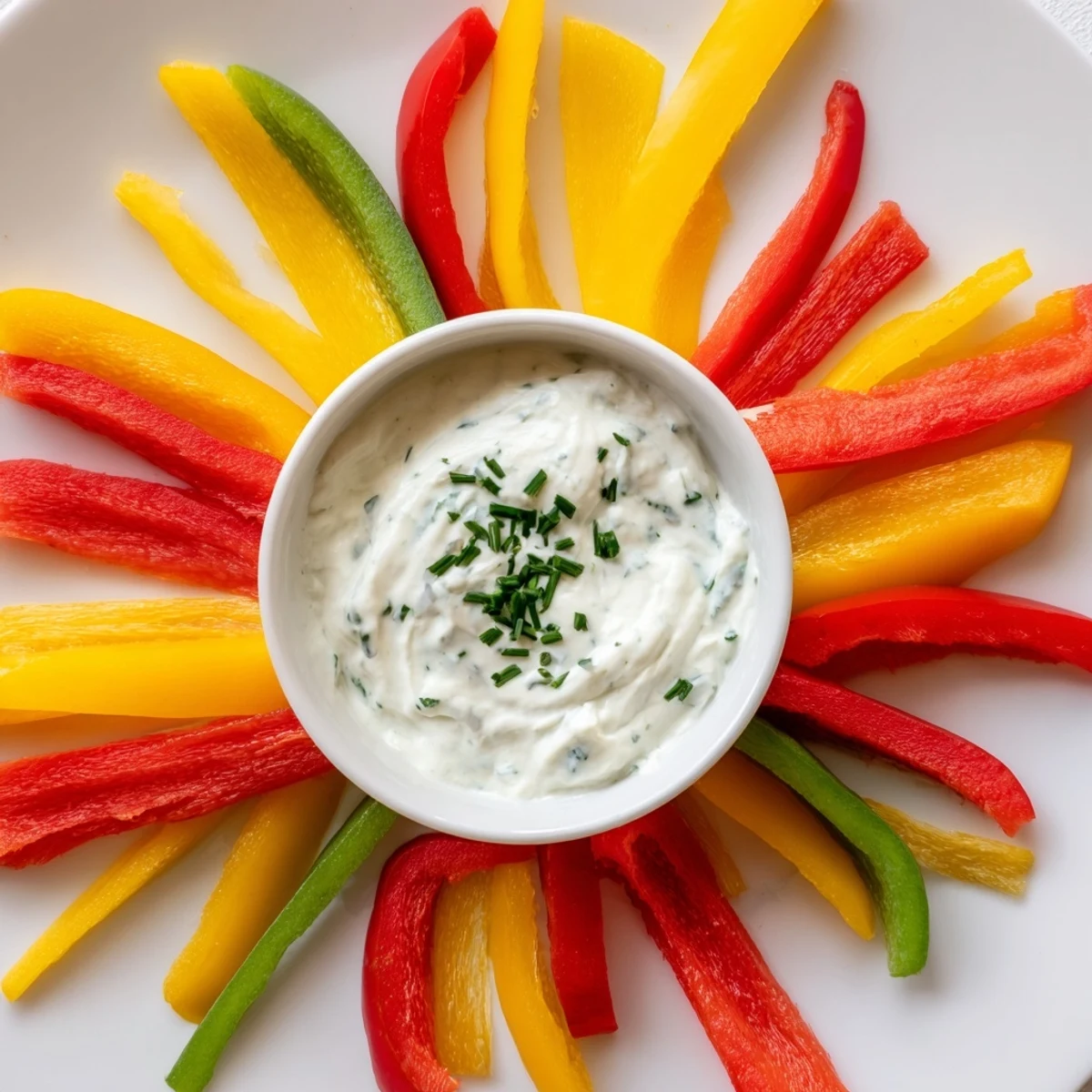 Vibrant red, green, and yellow bell pepper strips accompany herbed Greek yogurt for dipping.