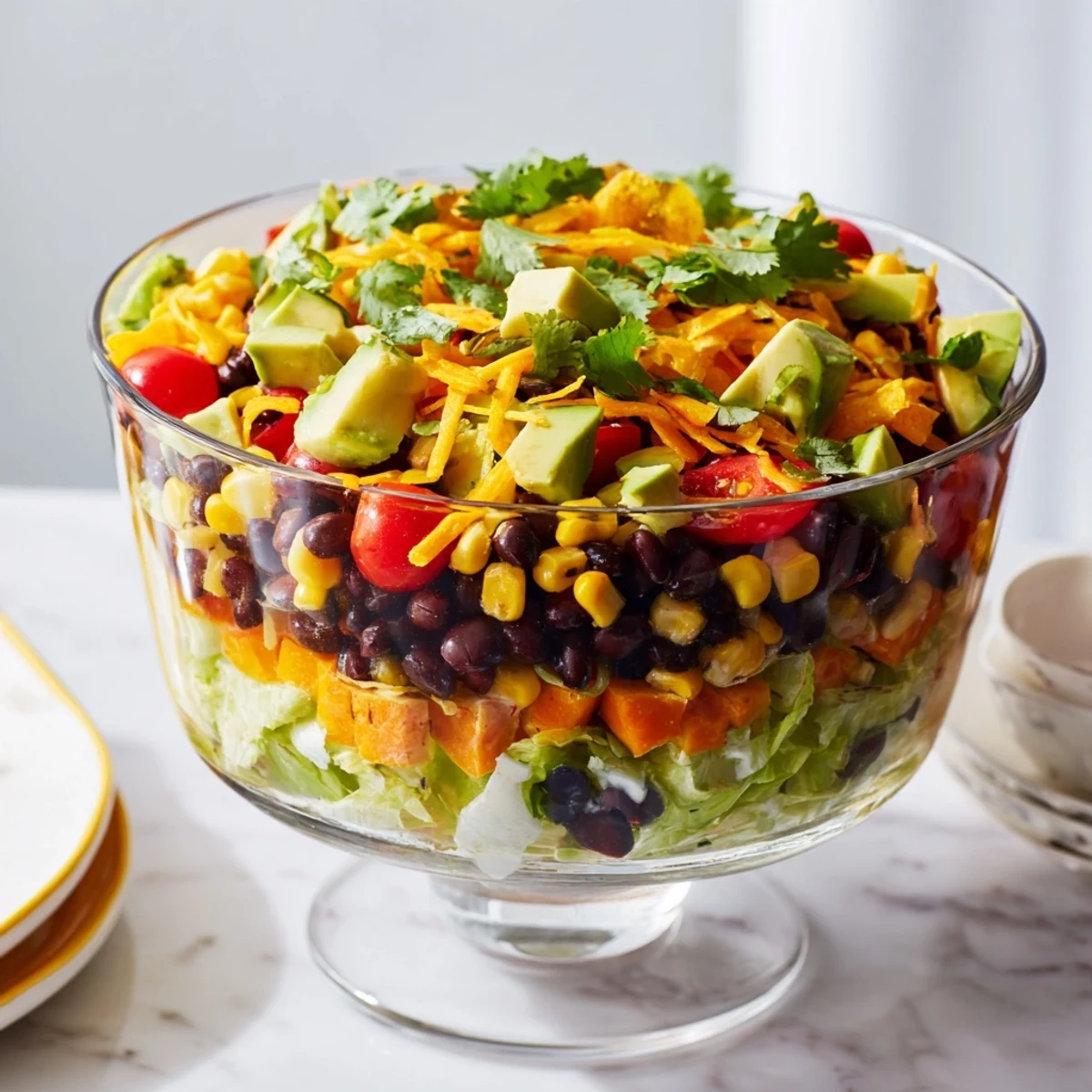 Southwest Sunset Palette salad features vibrant layers of yellow peppers and spicy red chili cheese.