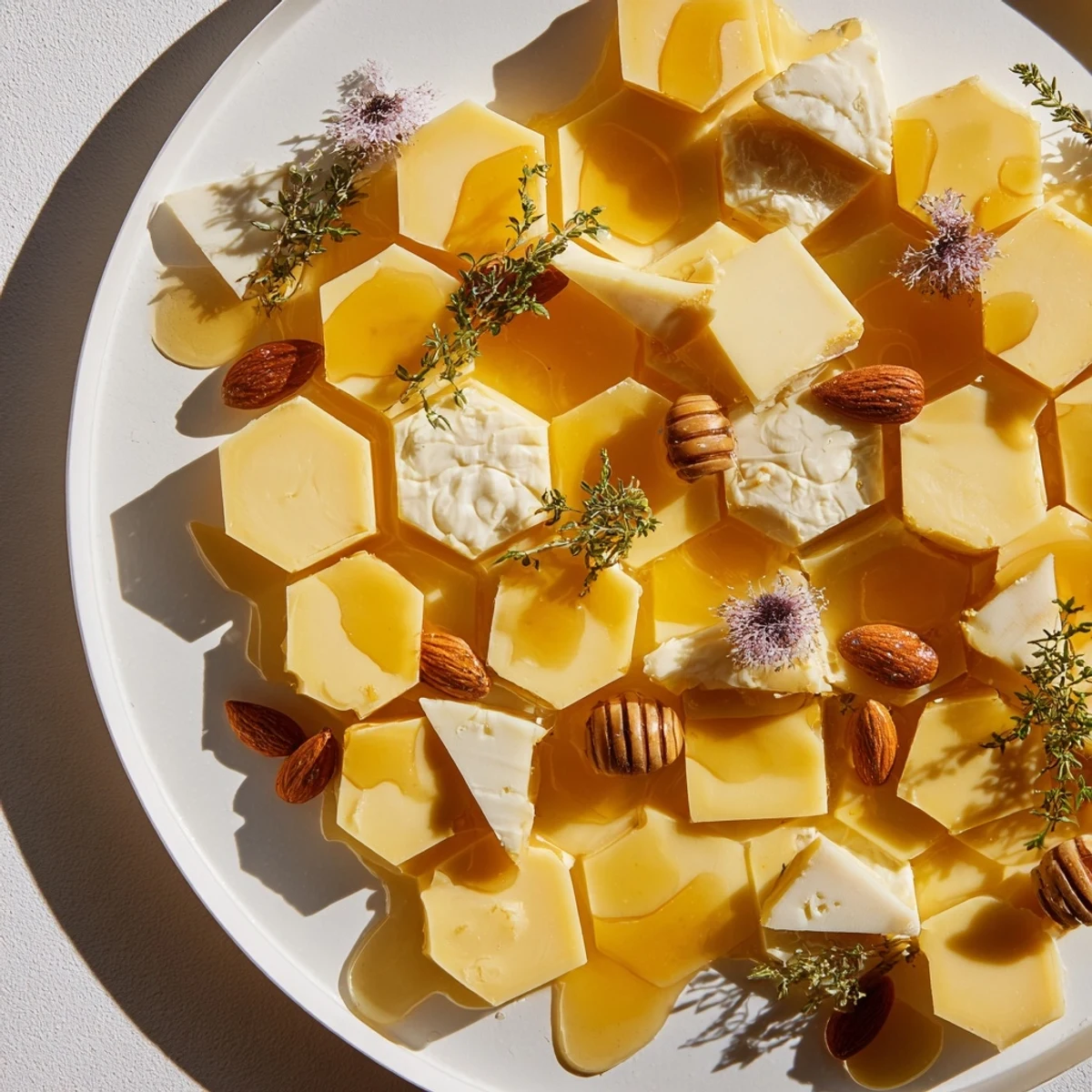 Creamy cheeses and golden honey drizzle showcase this honeycomb hexagon maze cheese platter for guests.