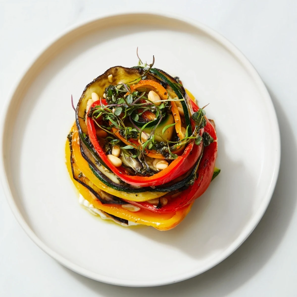The Snail Shell Spiral appetizer, colorful roasted vegetables artfully arranged in a beautiful spiral.