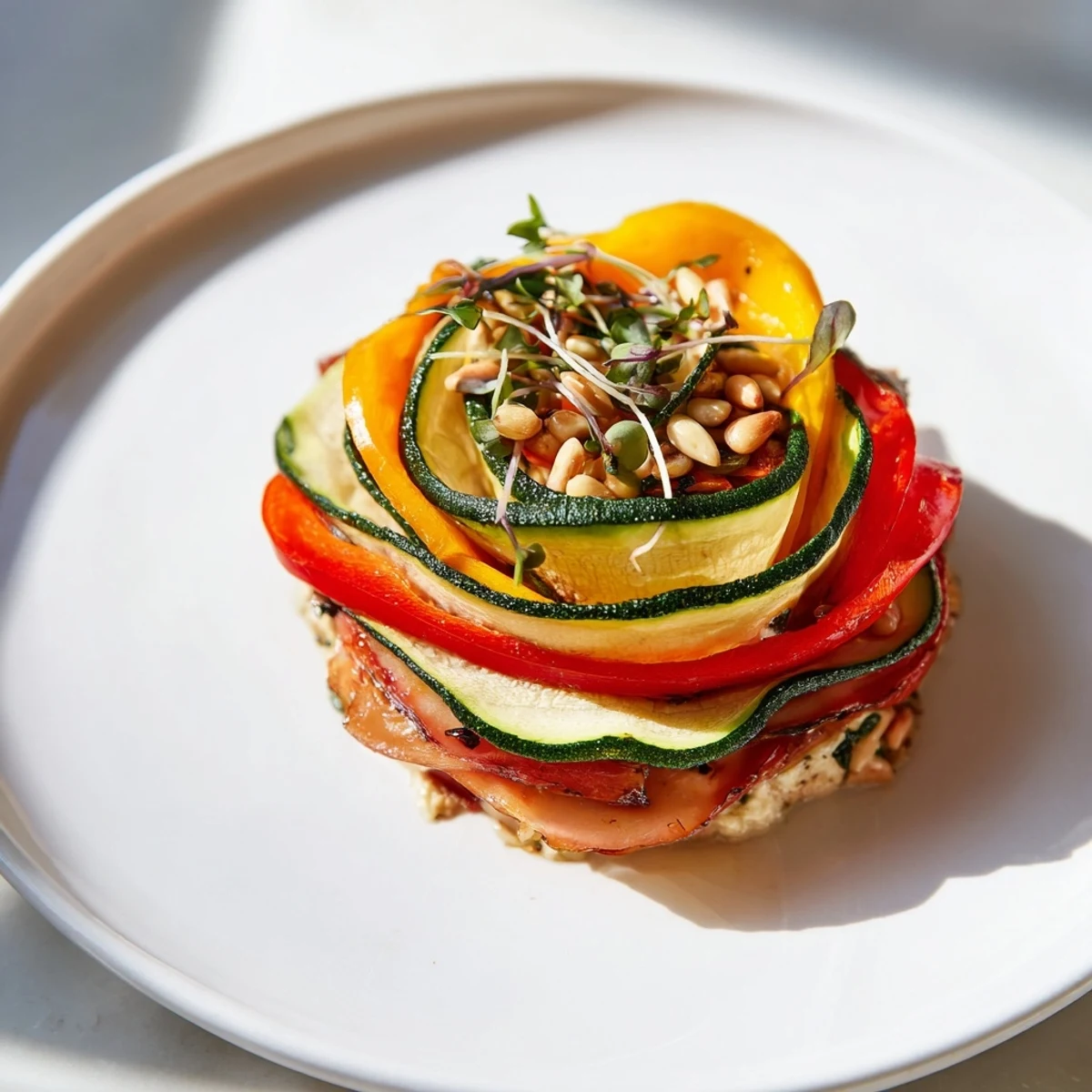 A close-up view of The Snail Shell Spiral, showcasing the beautifully layered vegetables with toasted pine nuts.