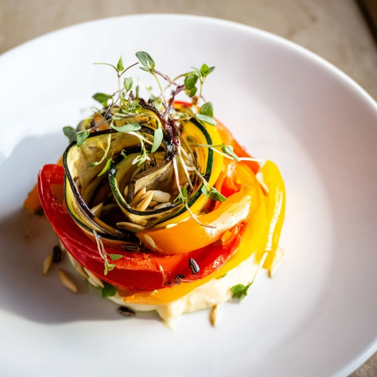 Imagine the goat cheese swirl under the vibrant The Snail Shell Spiral vegetable layers, perfect for serving.