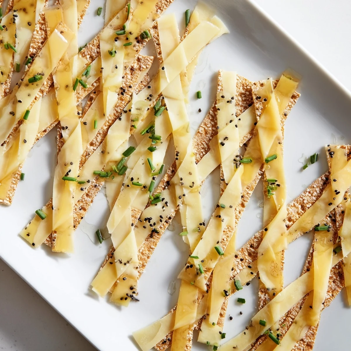 Get ready for a delicious The Garden Gate Lattice: artistic cheese weave with crackers and chives.