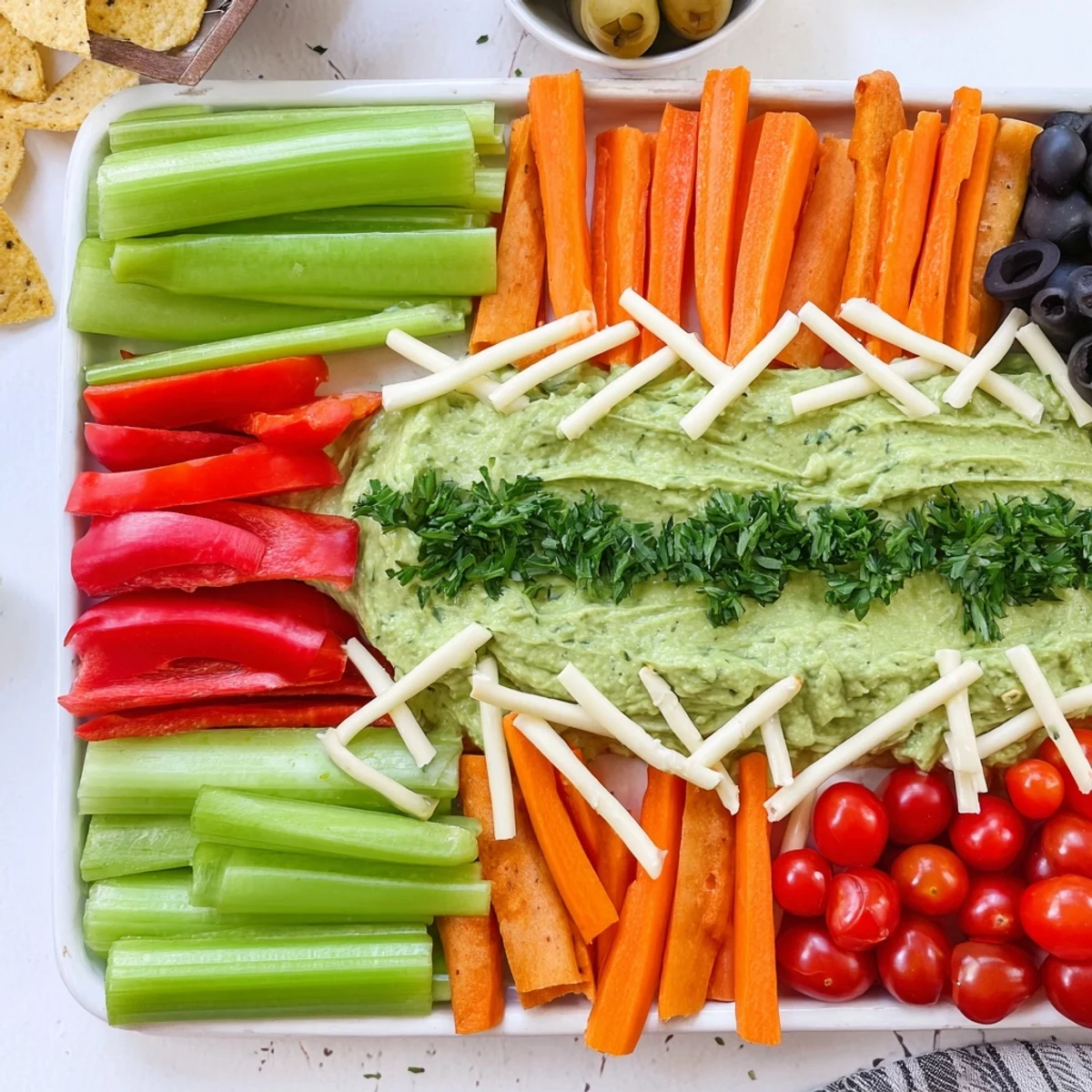 Visually appealing football field-shaped snack board offering an array of chips, veggies, and fresh dips.