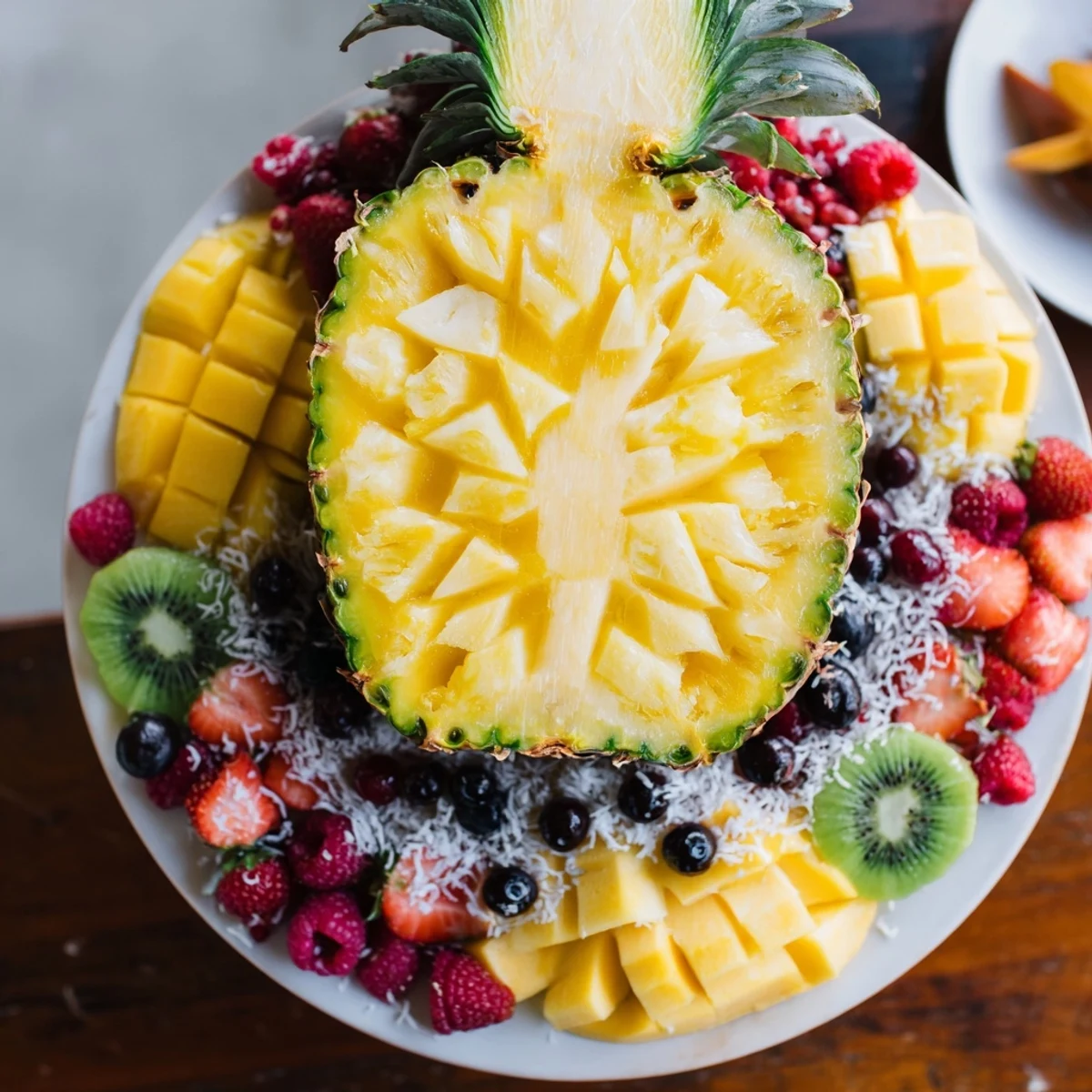 Vibrant Tropical Pineapple Paradise fruit platter, filled with juicy, colorful mangoes, berries, and kiwi.