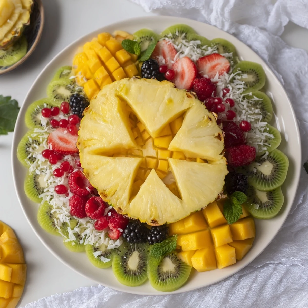A refreshing Tropical Pineapple Paradise fruit arrangement showcases a halved pineapple alongside ripe tropical fruits.