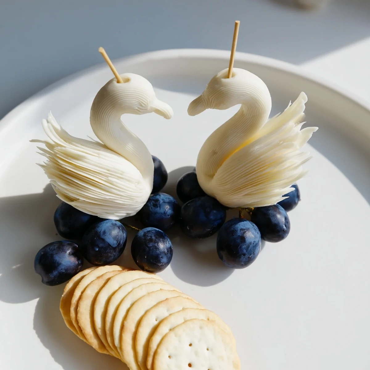 Elegant Swan Lake Board with cheese swans and vibrant blue grapes for a stunning appetizer.