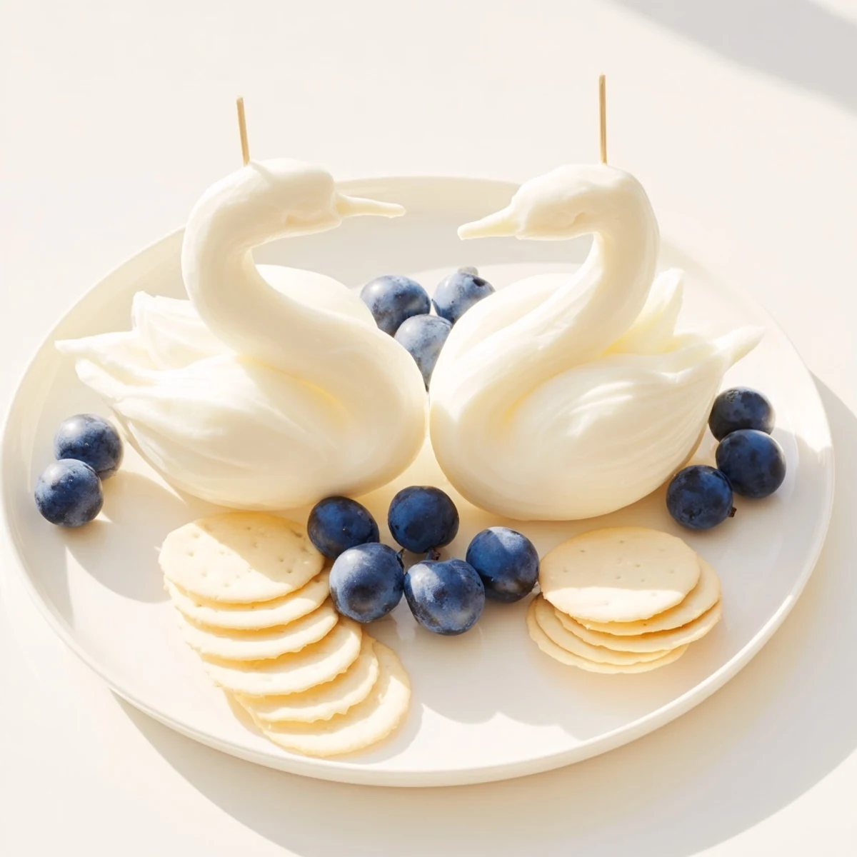 A beautiful overhead shot of an Elegant Swan Lake Board with appealing crackers and fruit accents.