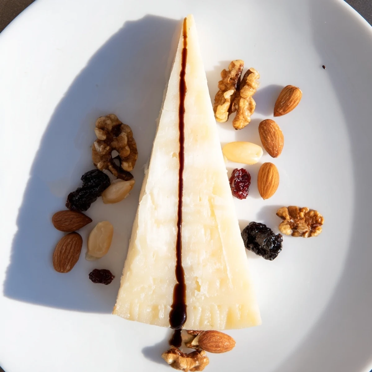A beautifully arranged "Sundial" cheese platter with a balsamic glaze "shadow" and mixed nuts.