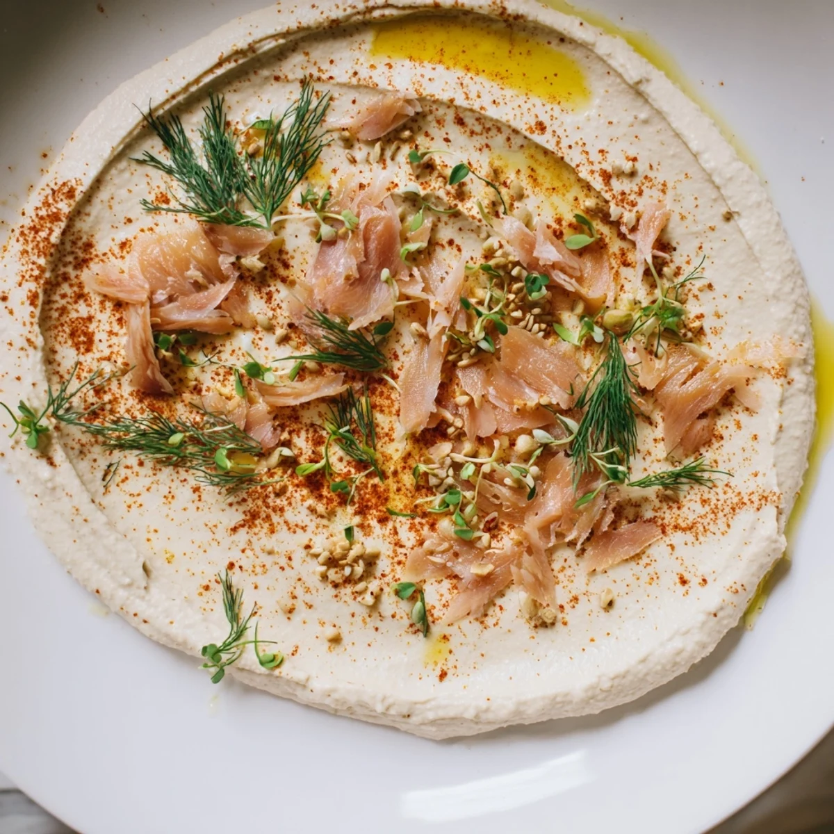 The Driftwood Beach appetizer beautifully showcases smoked fish, creamy hummus, and rustic crackers for dipping.